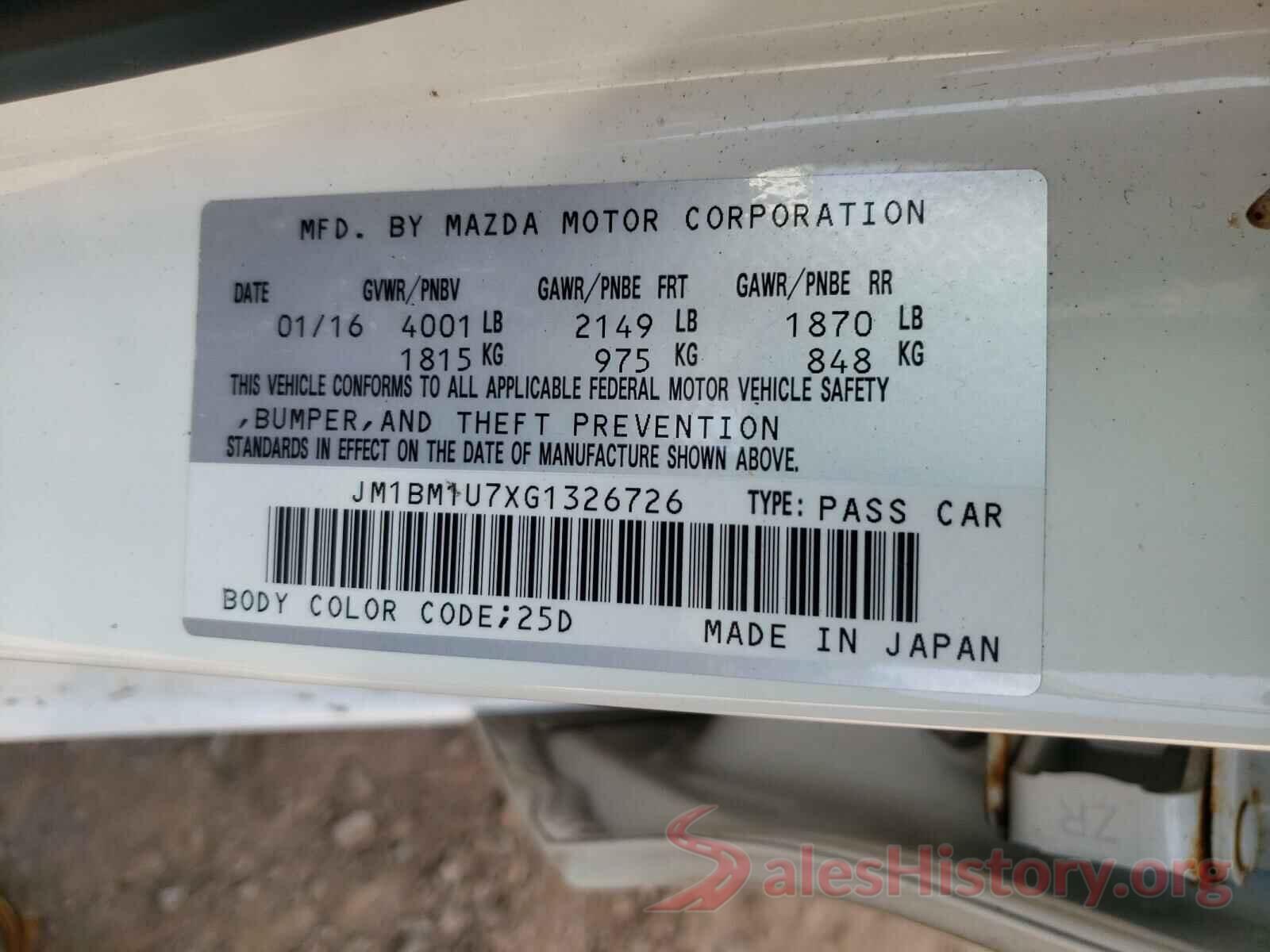 JM1BM1U7XG1326726 2016 MAZDA 3