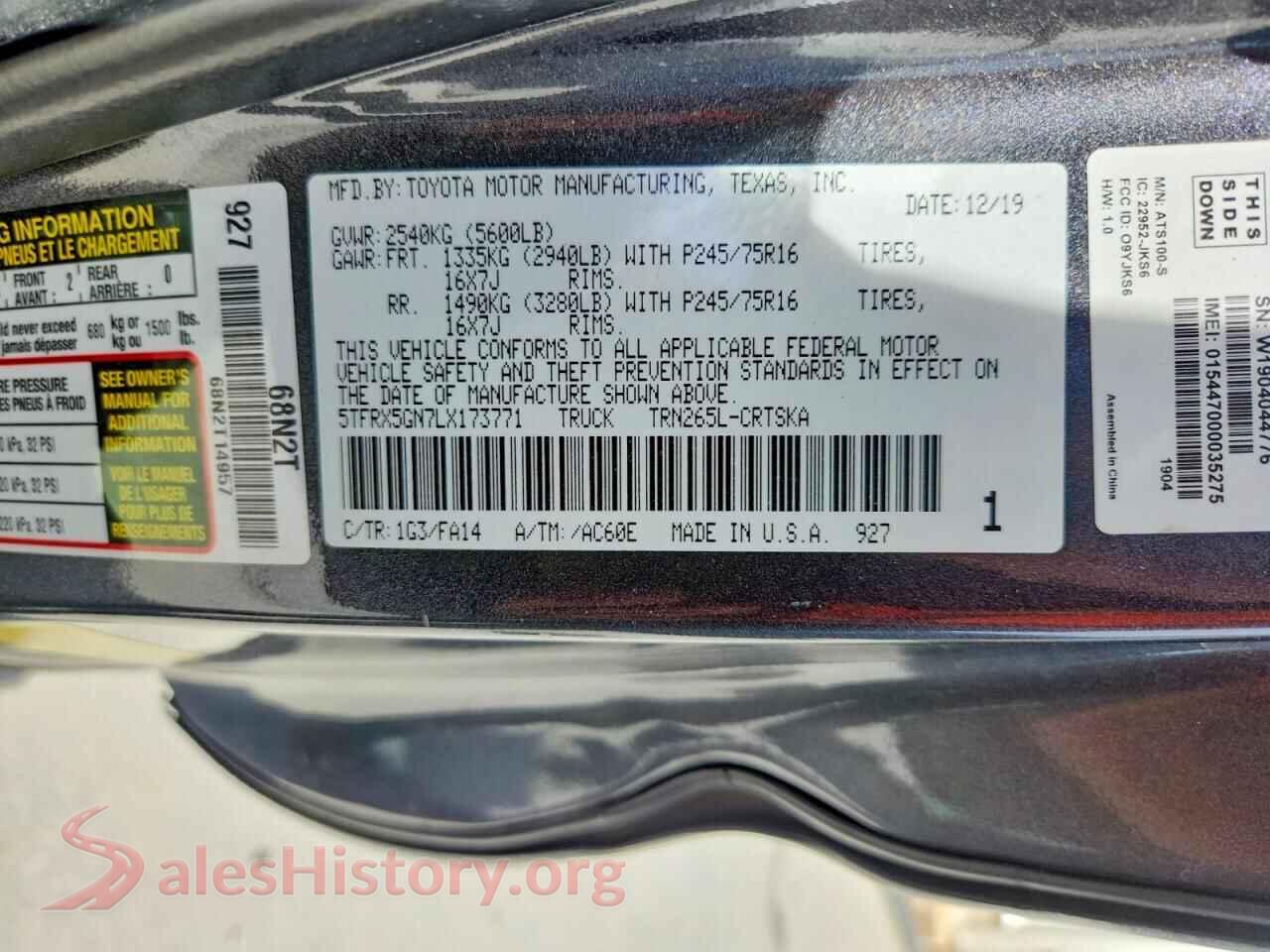 2020 TOYOTA TACOMA VIN 5TFRX5GN7LX173771, trunk area