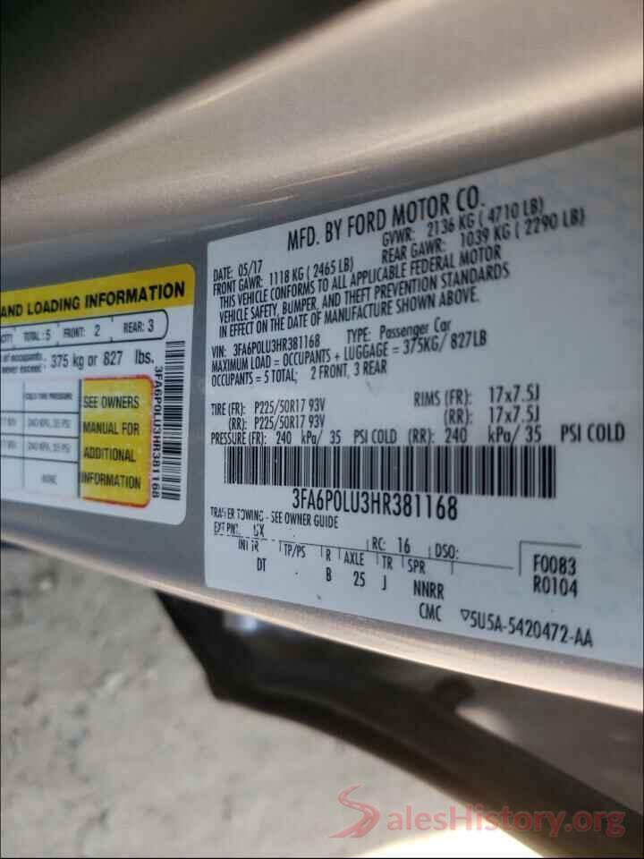 3FA6P0LU3HR381168 2017 FORD FUSION