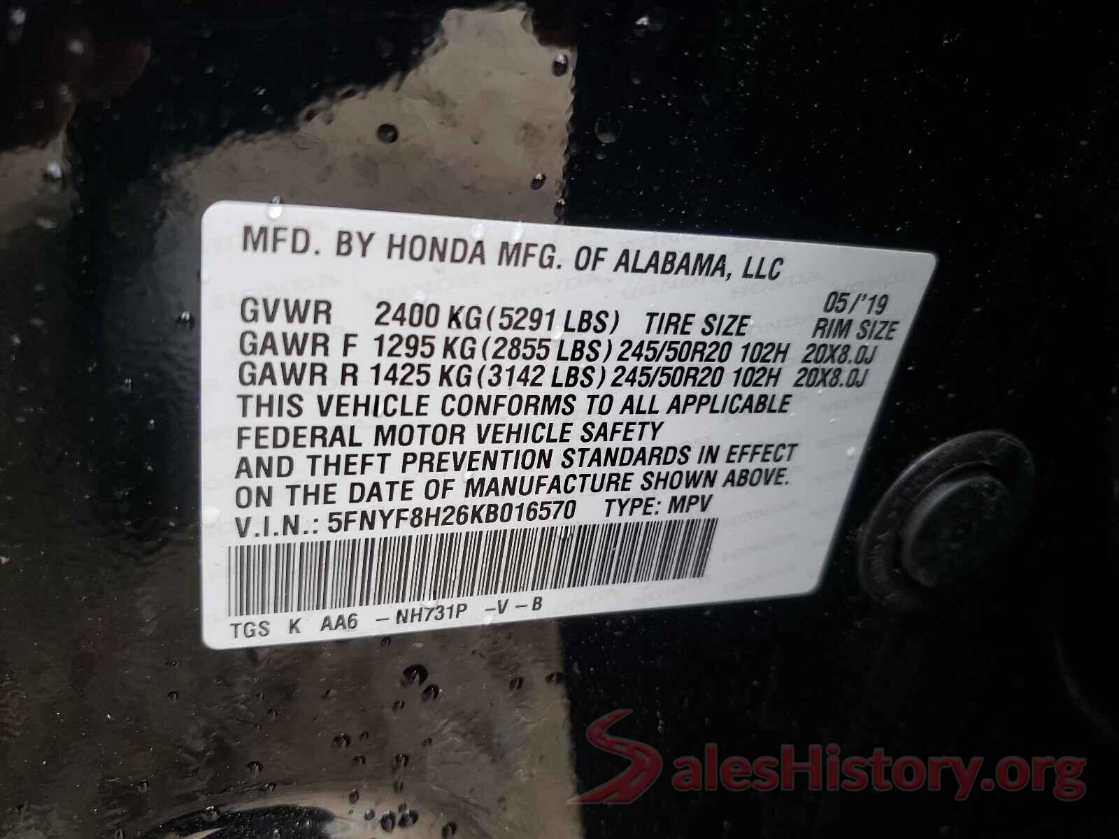 5FNYF8H26KB016570 2019 HONDA PASSPORT