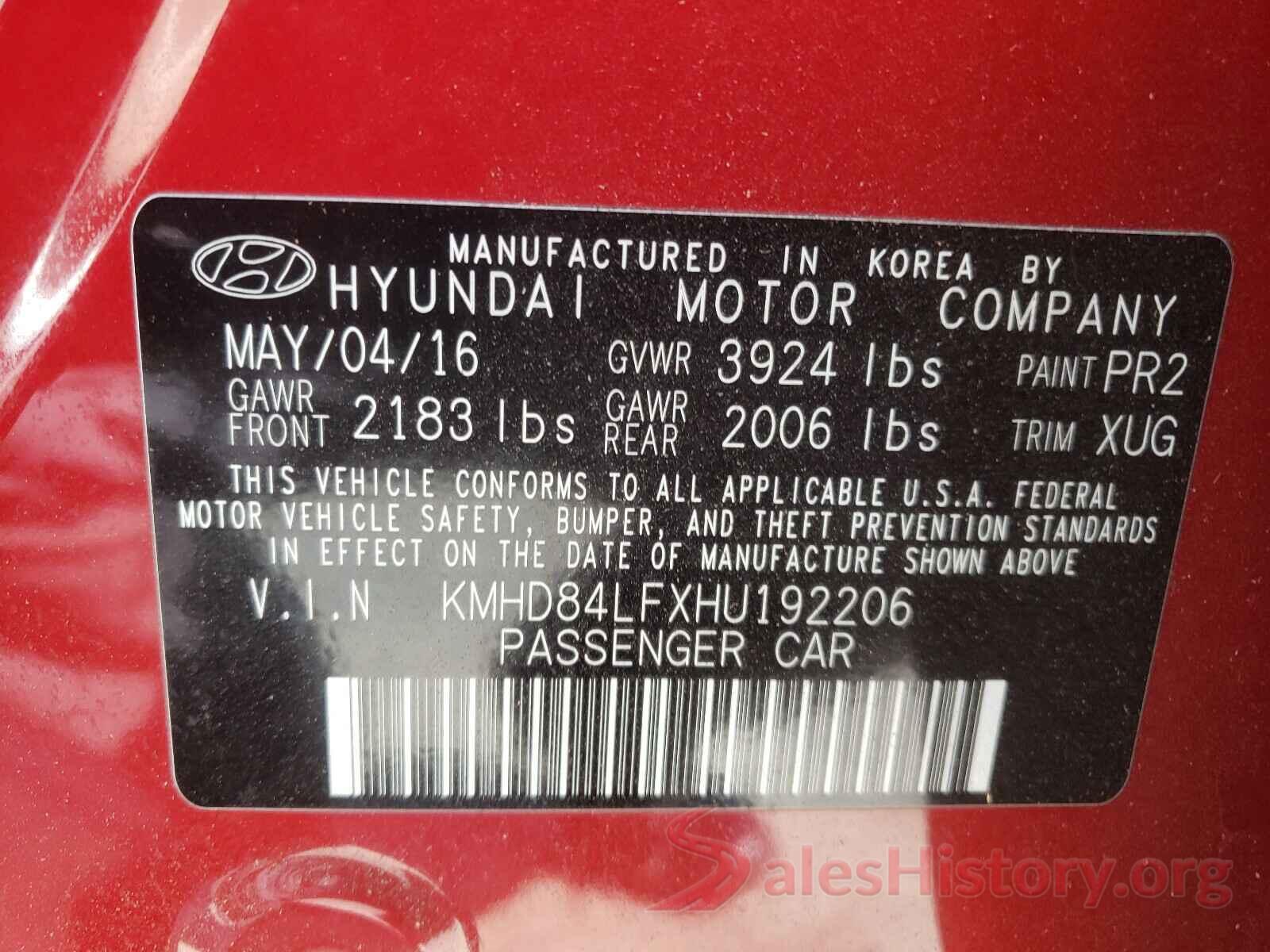 KMHD84LFXHU192206 2017 HYUNDAI ELANTRA