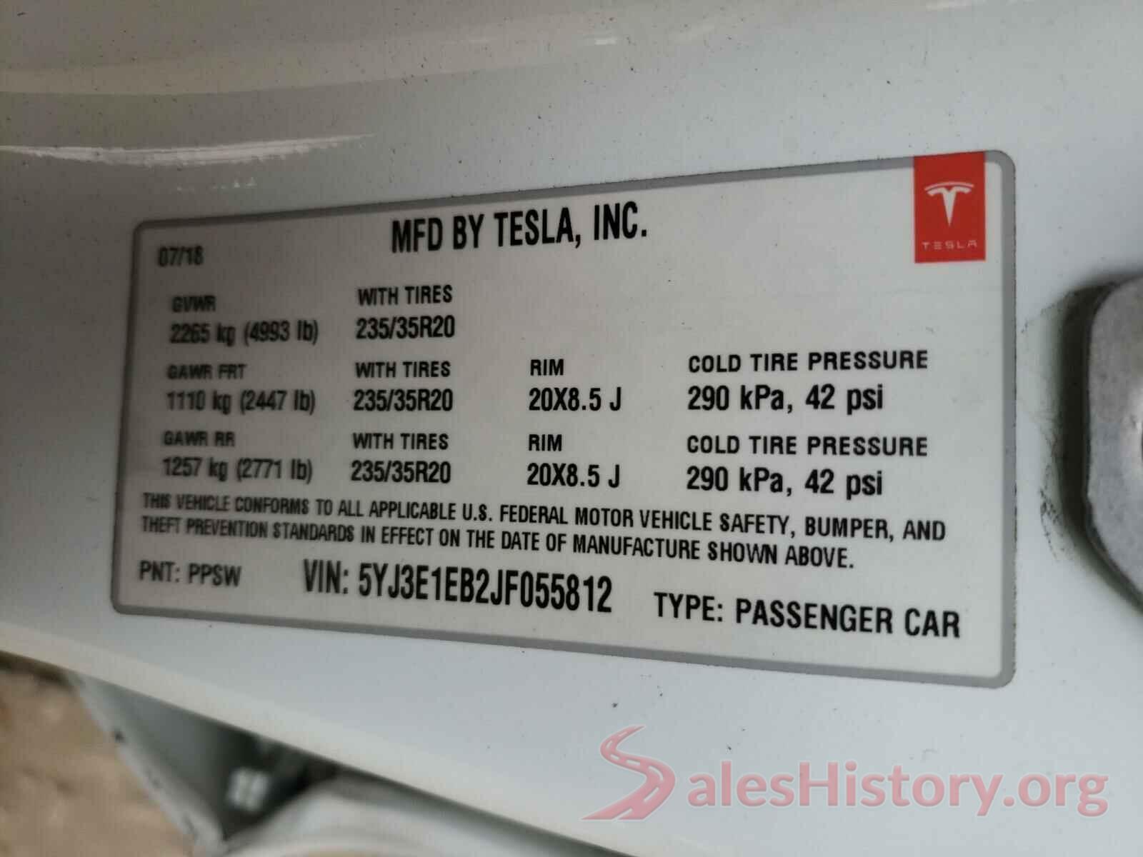 5YJ3E1EB2JF055812 2018 TESLA MODEL 3