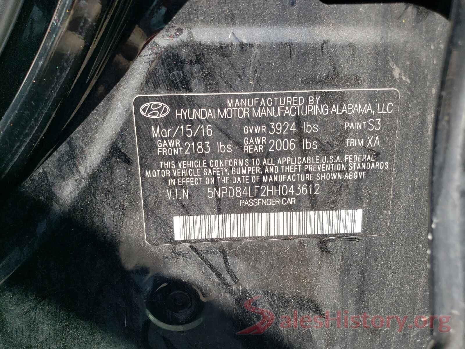 5NPD84LF2HH043612 2017 HYUNDAI ELANTRA