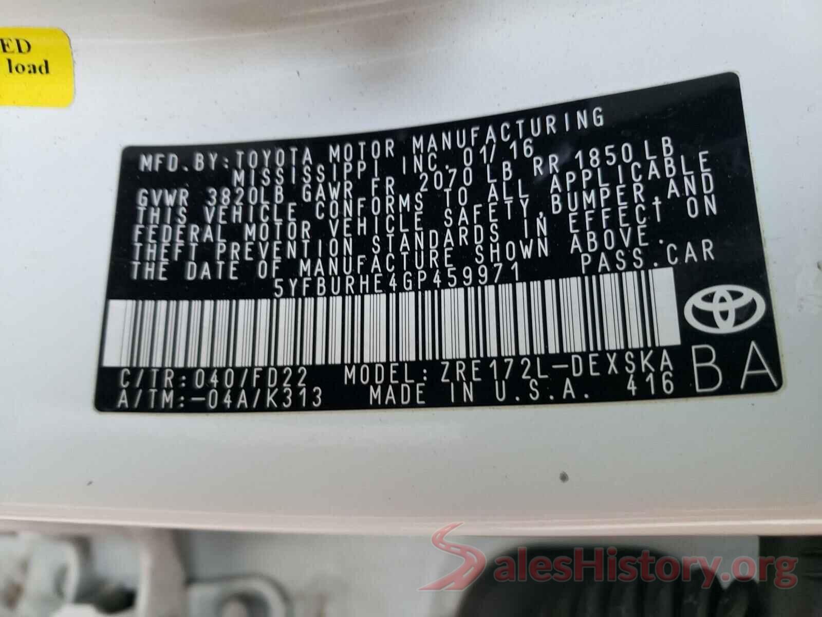 5YFBURHE4GP459971 2016 TOYOTA COROLLA