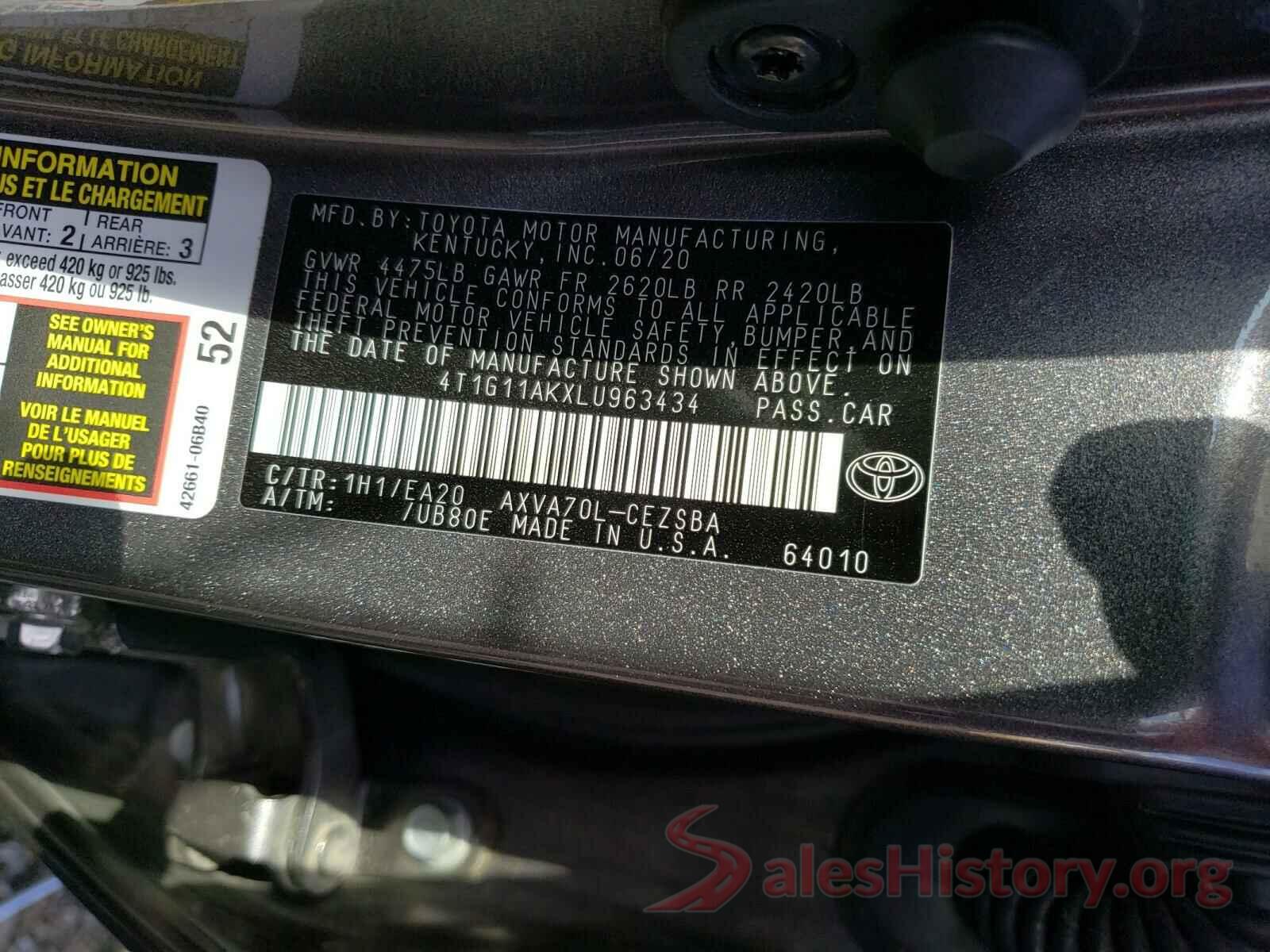 4T1G11AKXLU963434 2020 TOYOTA CAMRY