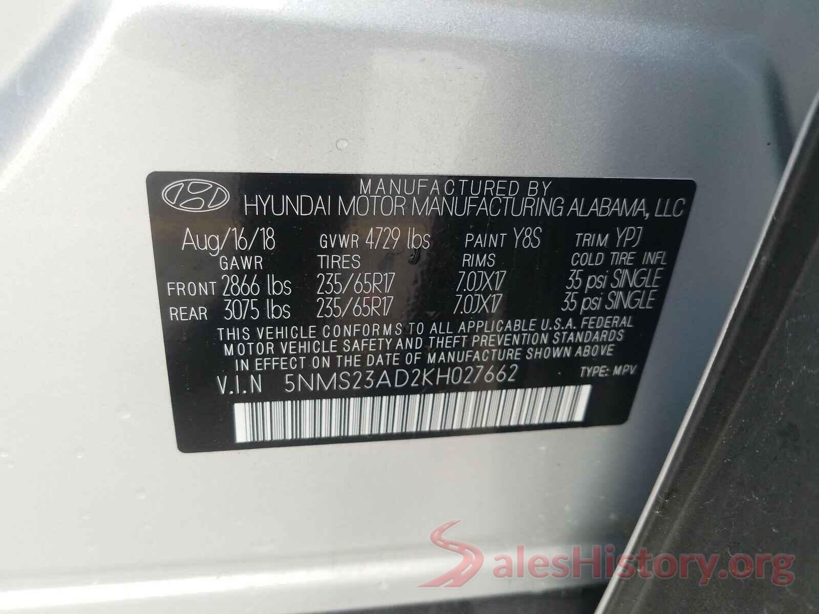 5NMS23AD2KH027662 2019 HYUNDAI SANTA FE