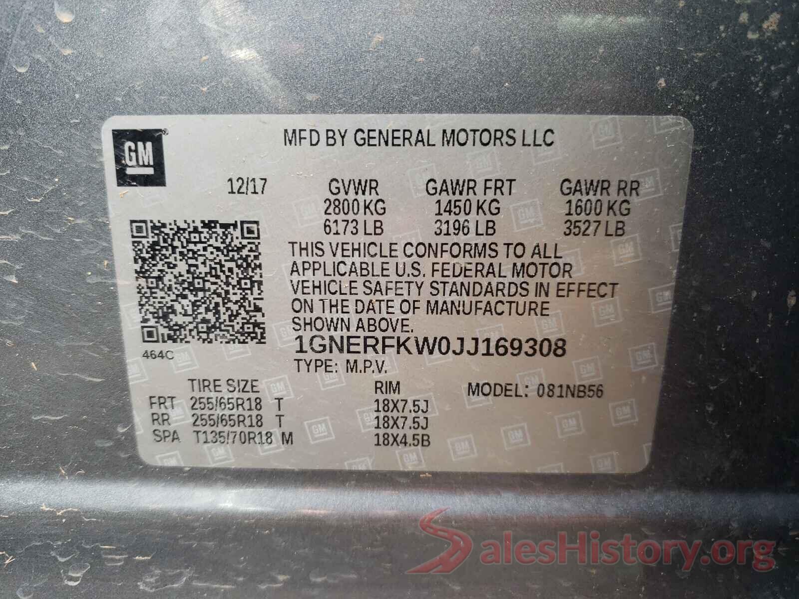 1GNERFKW0JJ169308 2018 CHEVROLET TRAVERSE