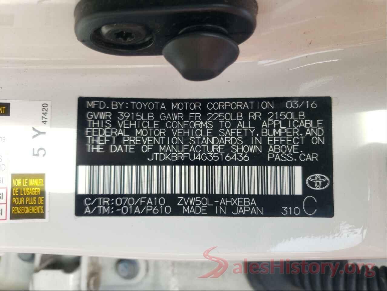 JTDKBRFU4G3516436 2016 TOYOTA PRIUS