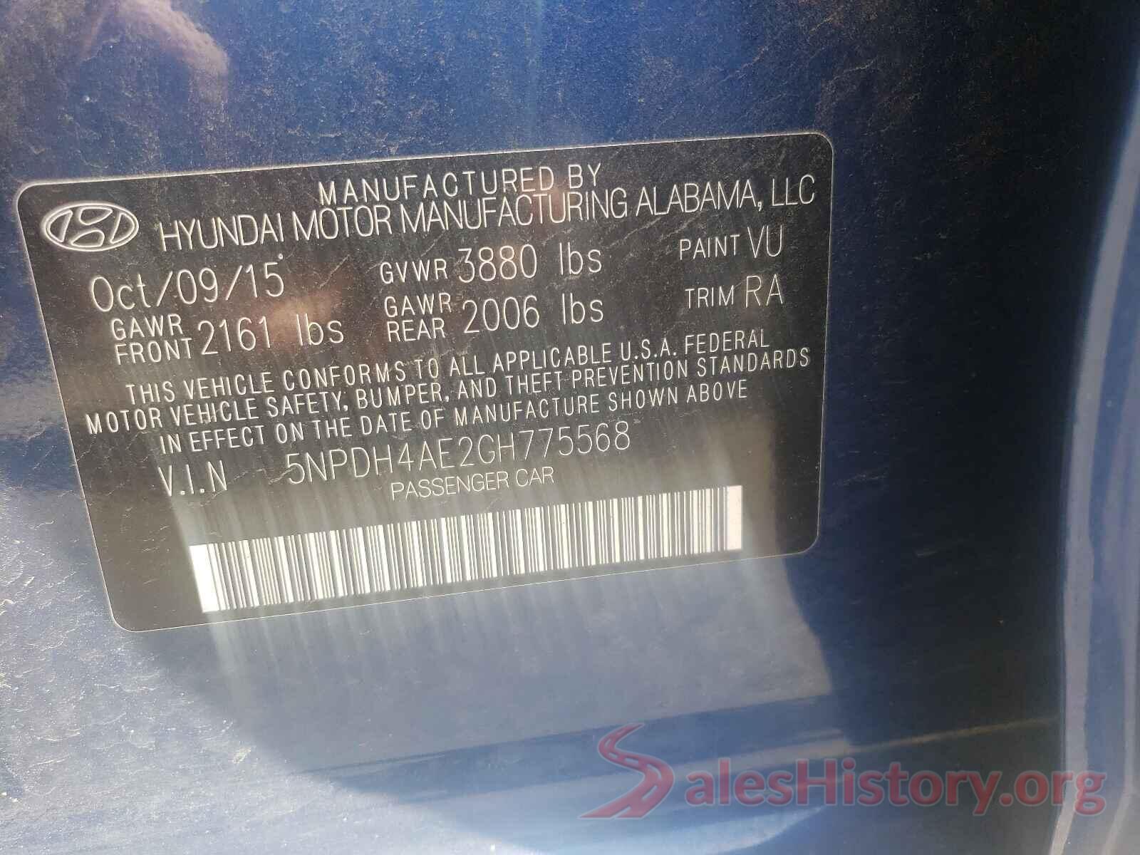 5NPDH4AE2GH775568 2016 HYUNDAI ELANTRA