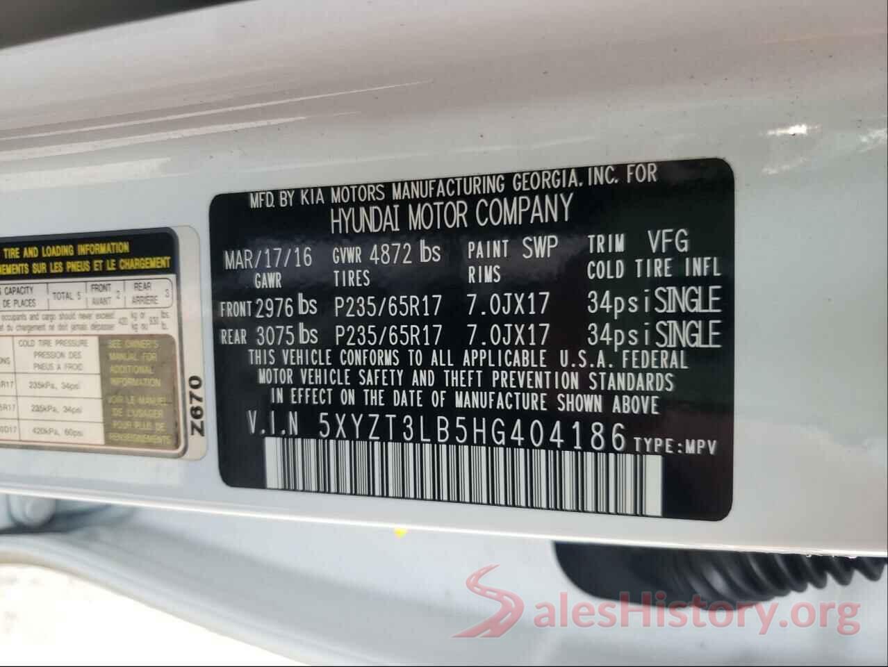 5XYZT3LB5HG404186 2017 HYUNDAI SANTA FE