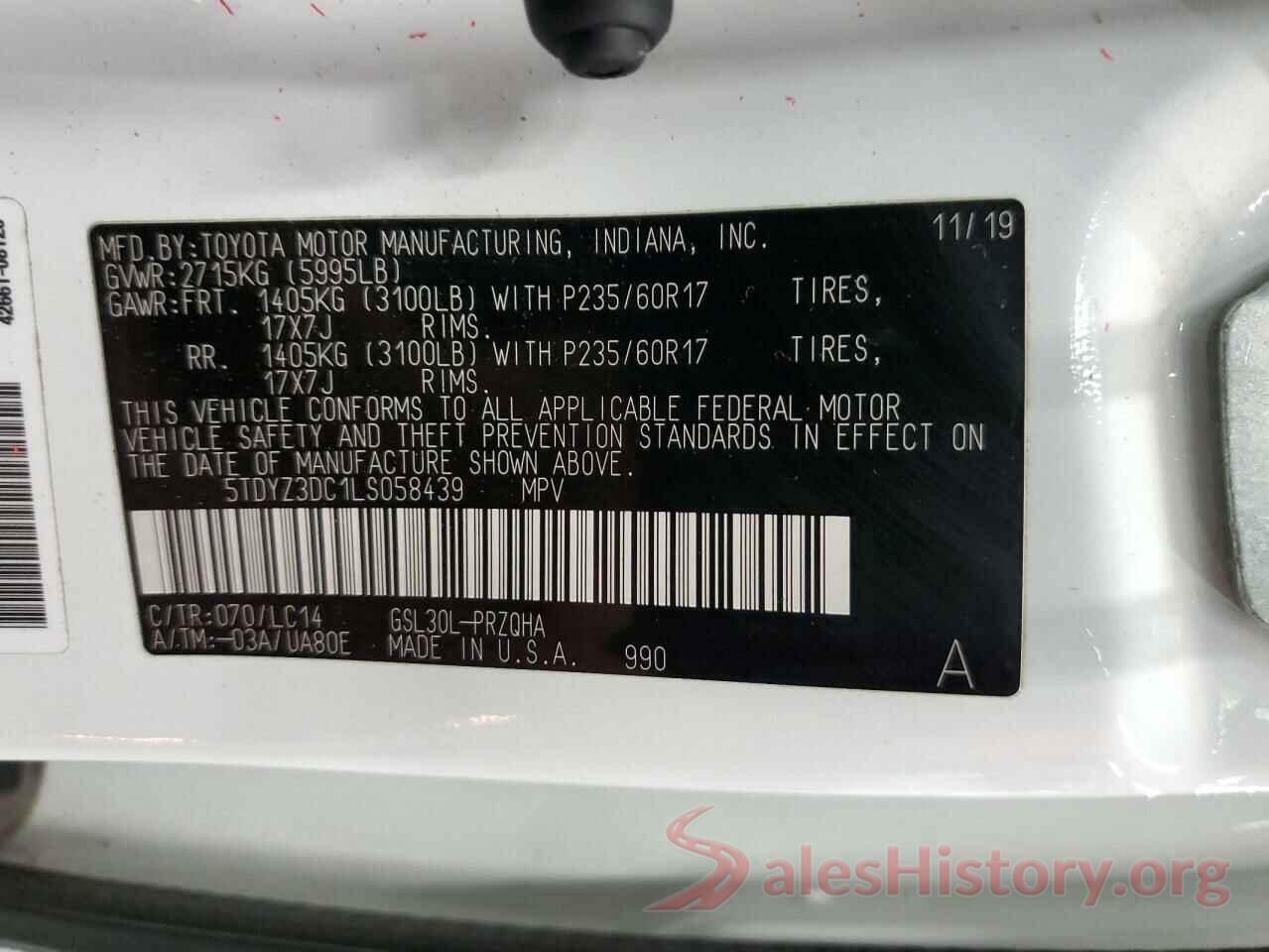 5TDYZ3DC1LS058439 2020 TOYOTA SIENNA