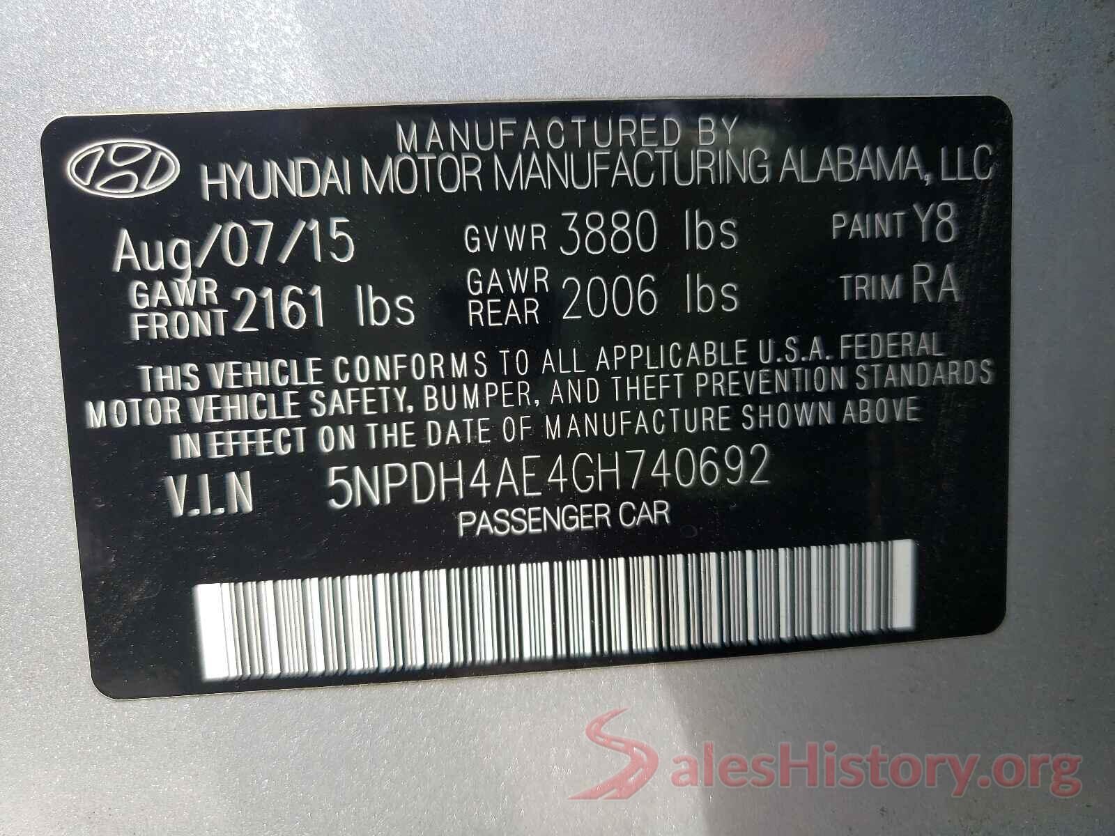 5NPDH4AE4GH740692 2016 HYUNDAI ELANTRA