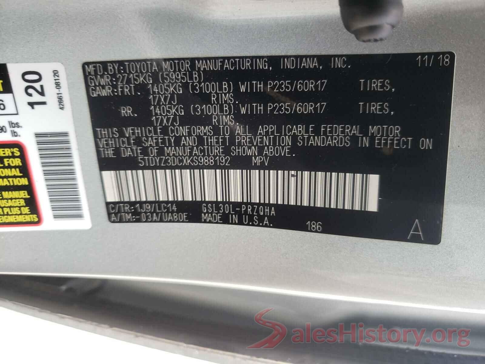 5TDYZ3DCXKS988192 2019 TOYOTA SIENNA