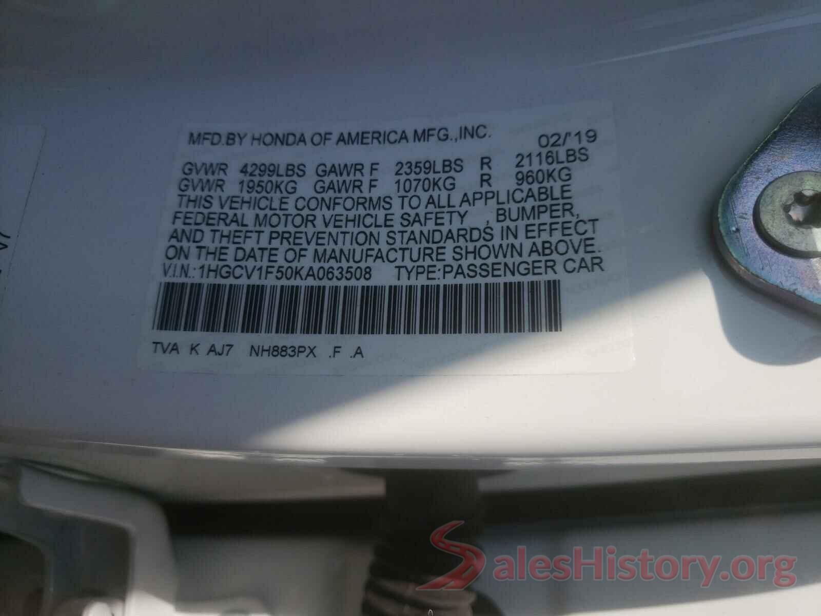 1HGCV1F50KA063508 2019 HONDA ACCORD