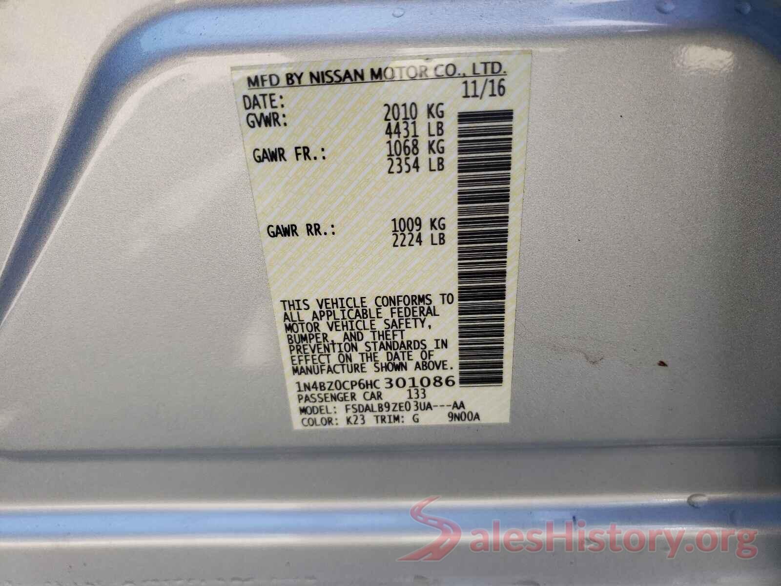 1N4BZ0CP6HC301086 2017 NISSAN LEAF