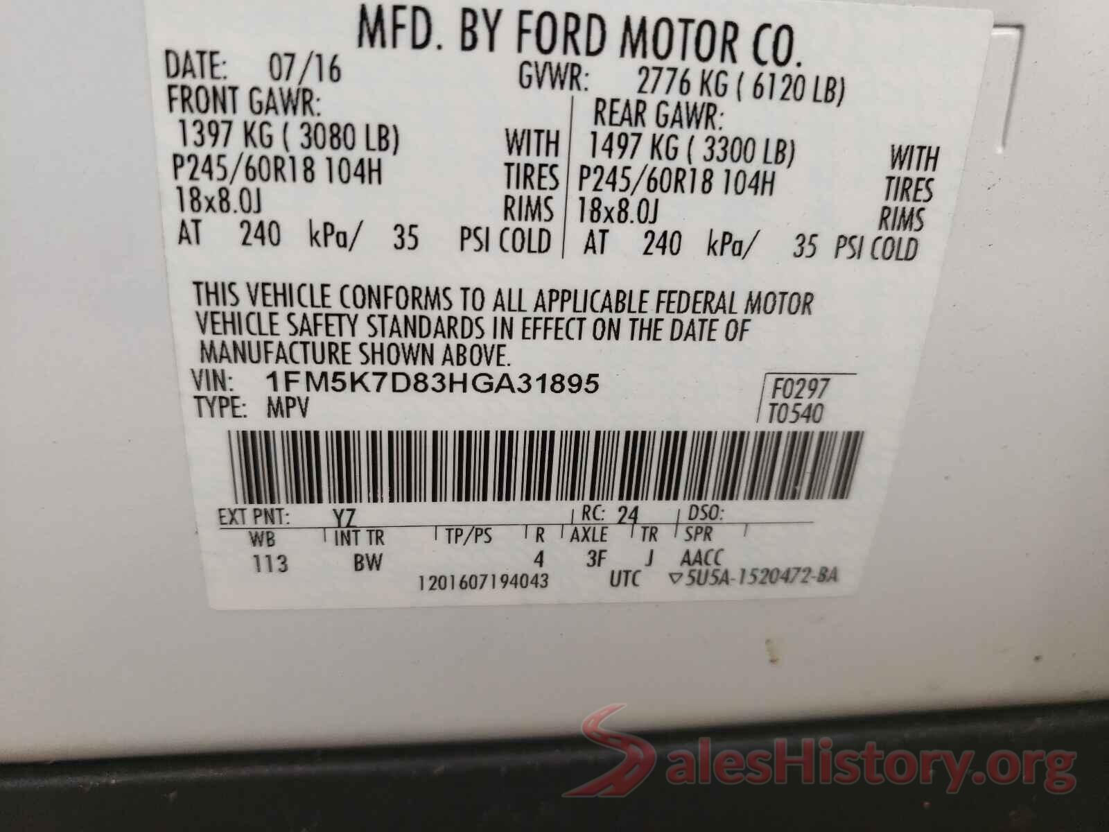 1FM5K7D83HGA31895 2017 FORD EXPLORER