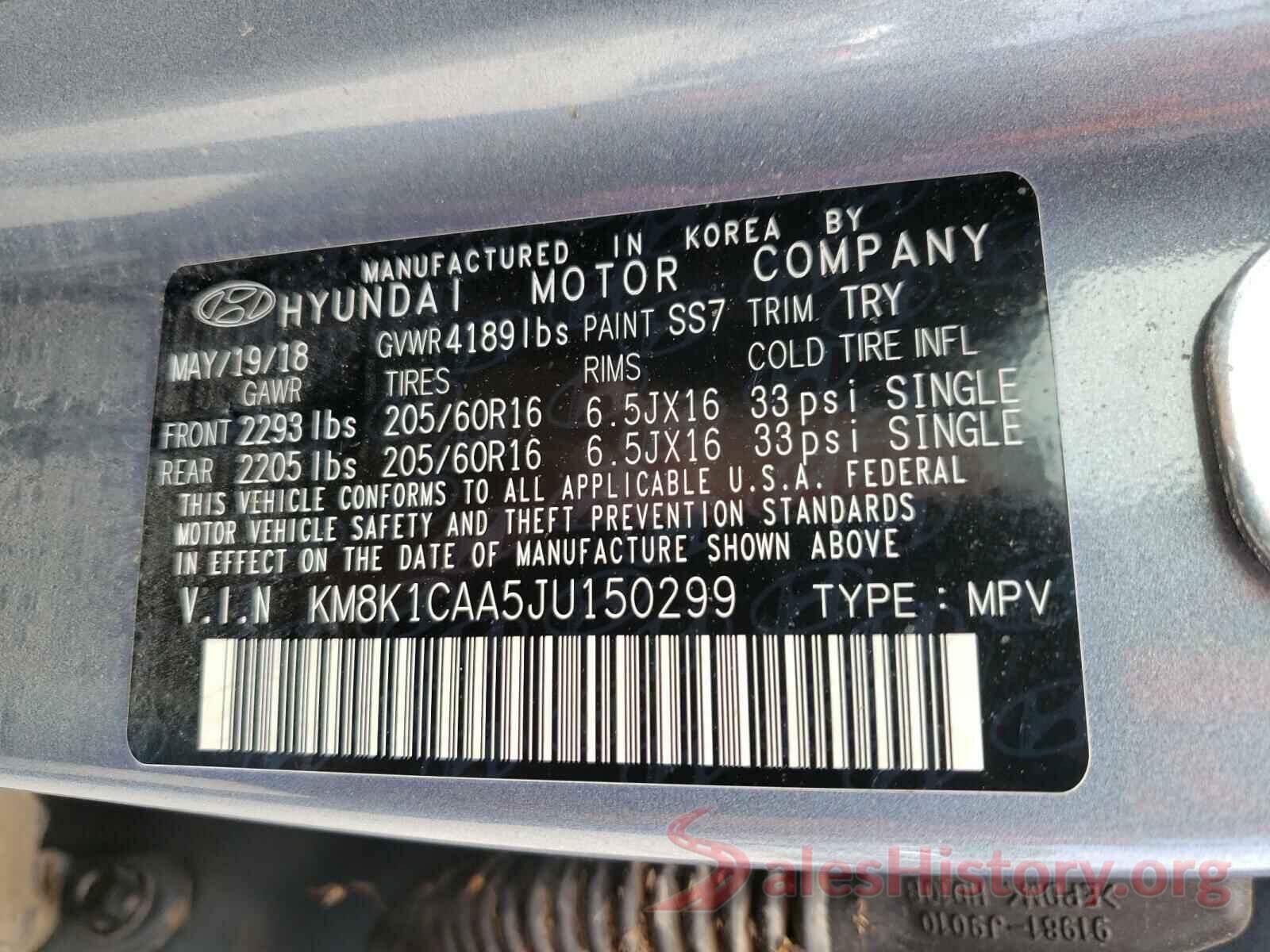 KM8K1CAA5JU150299 2018 HYUNDAI KONA