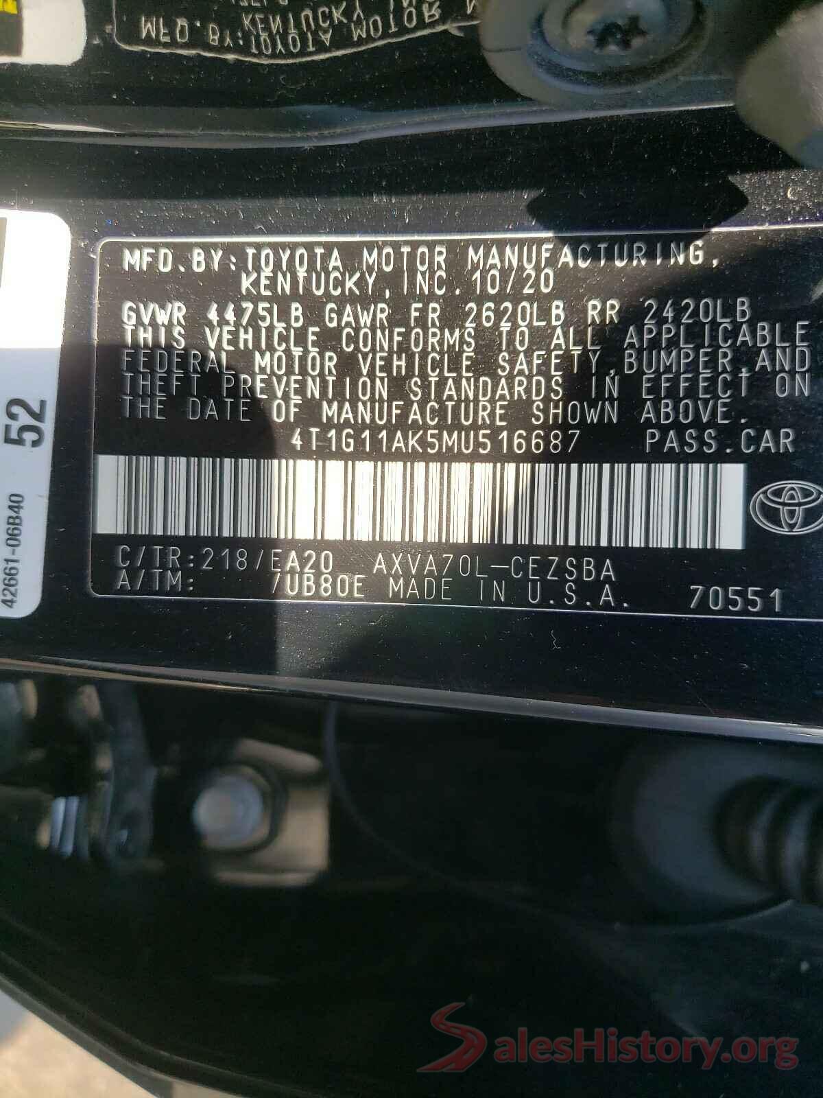 4T1G11AK5MU516687 2021 TOYOTA CAMRY