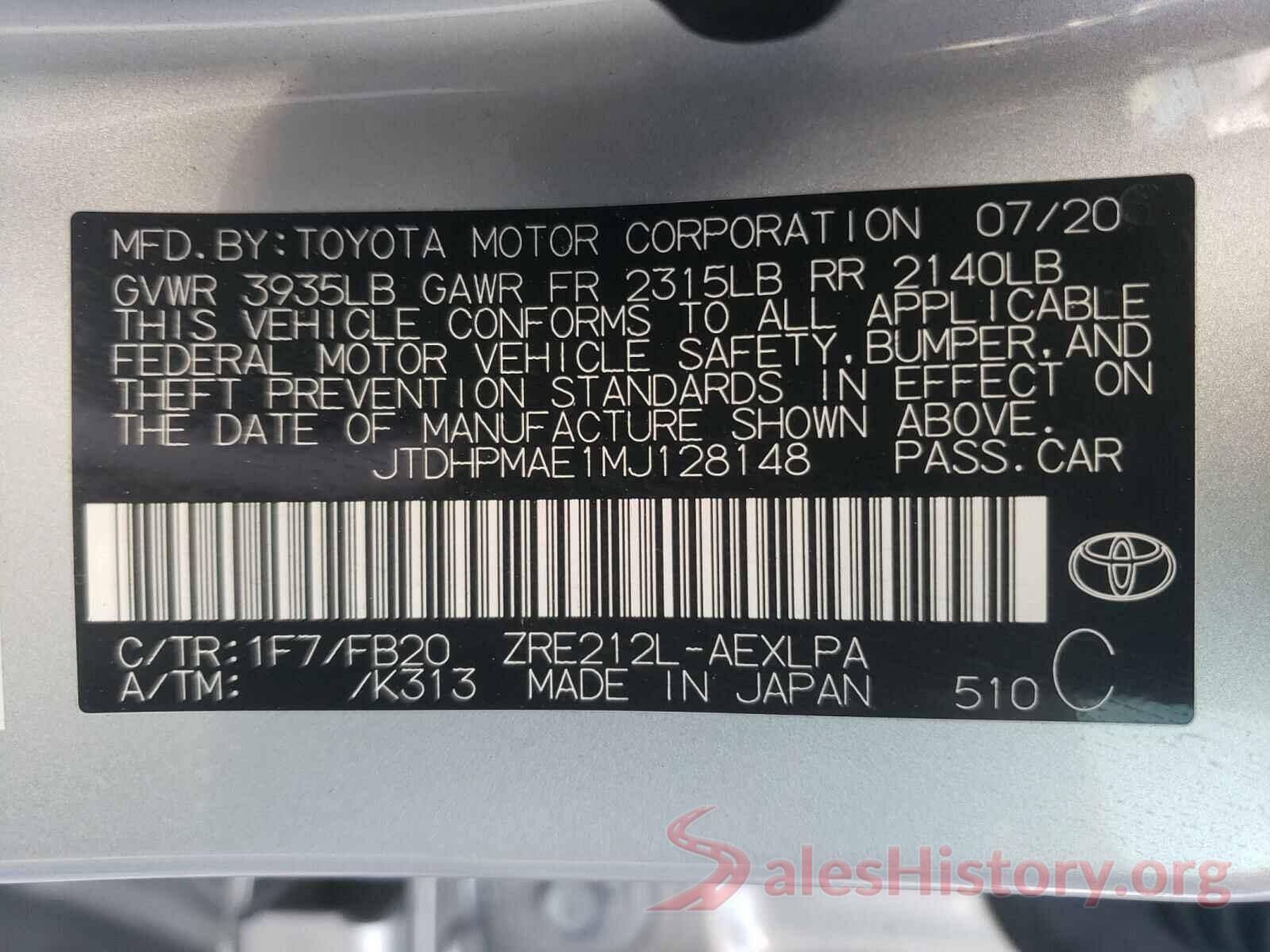 JTDHPMAE1MJ128148 2021 TOYOTA COROLLA