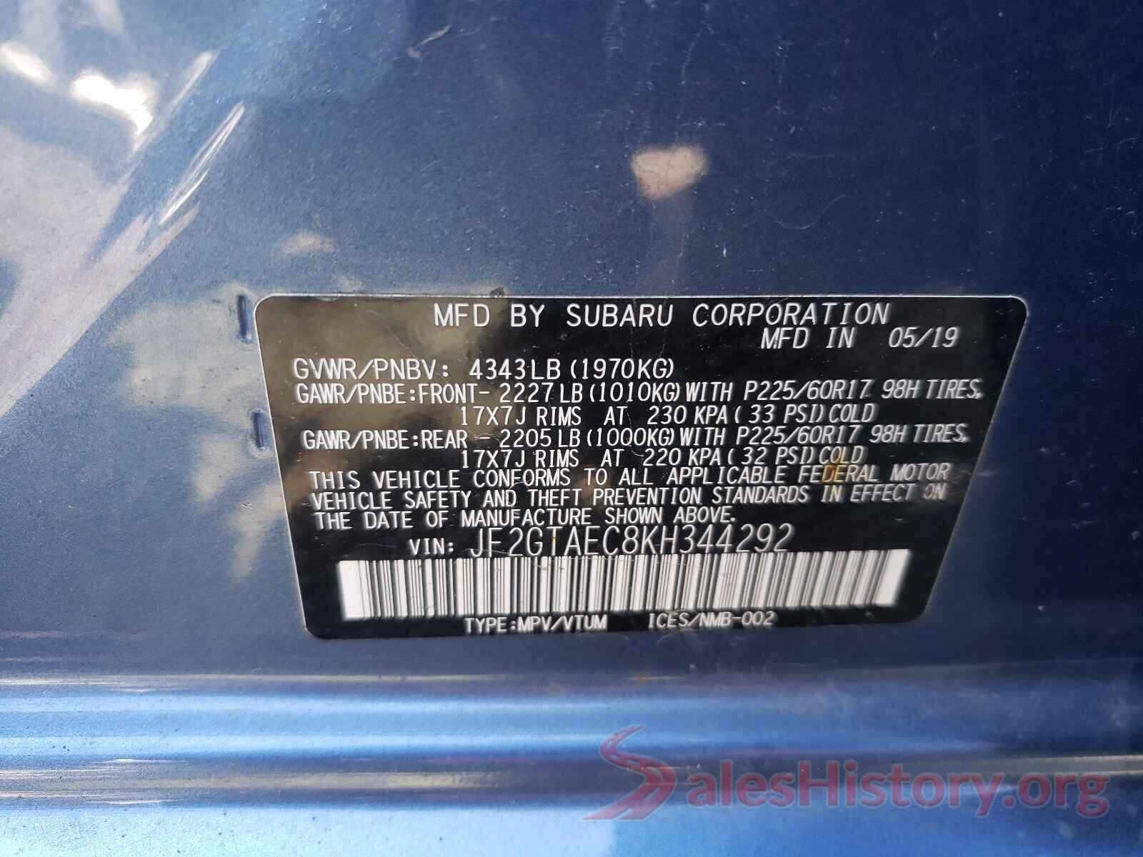 JF2GTAEC8KH344292 2019 SUBARU CROSSTREK