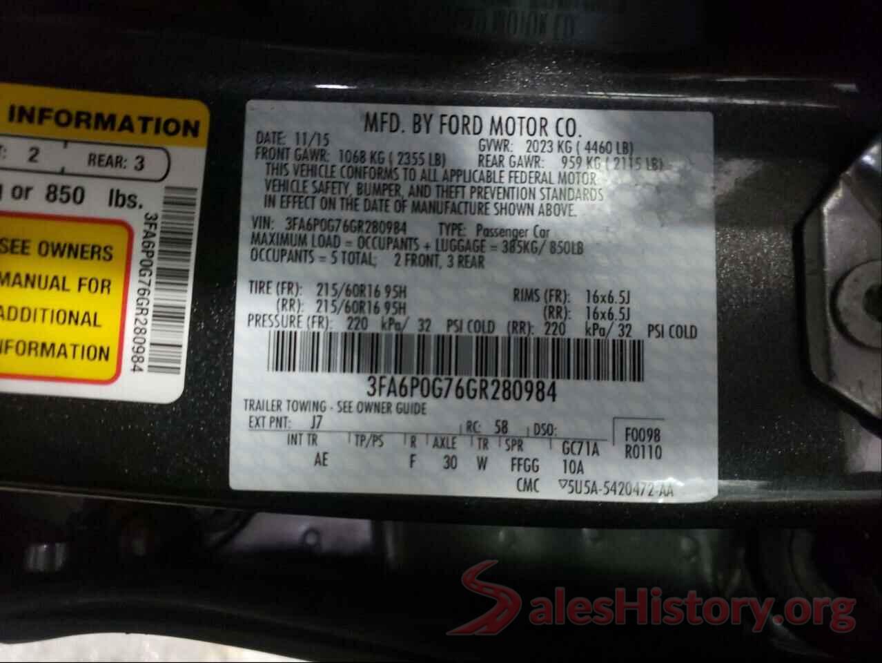 3FA6P0G76GR280984 2016 FORD FUSION