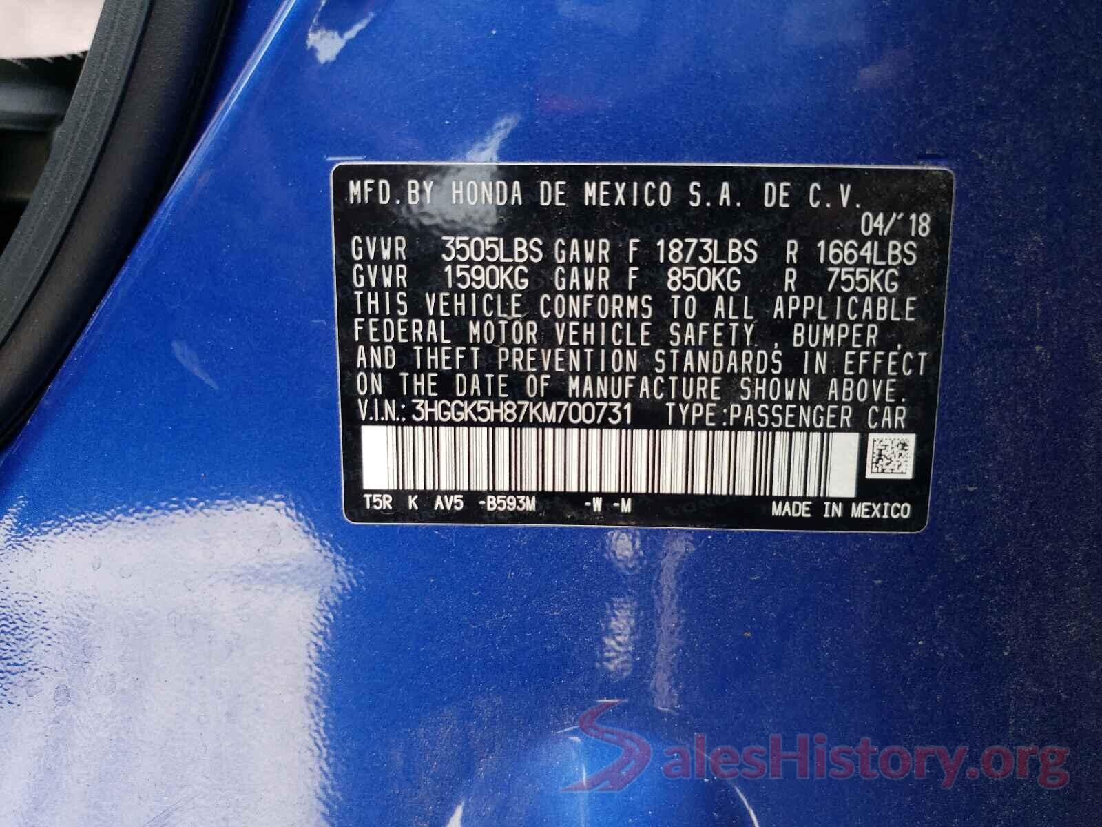 3HGGK5H87KM700731 2019 HONDA FIT