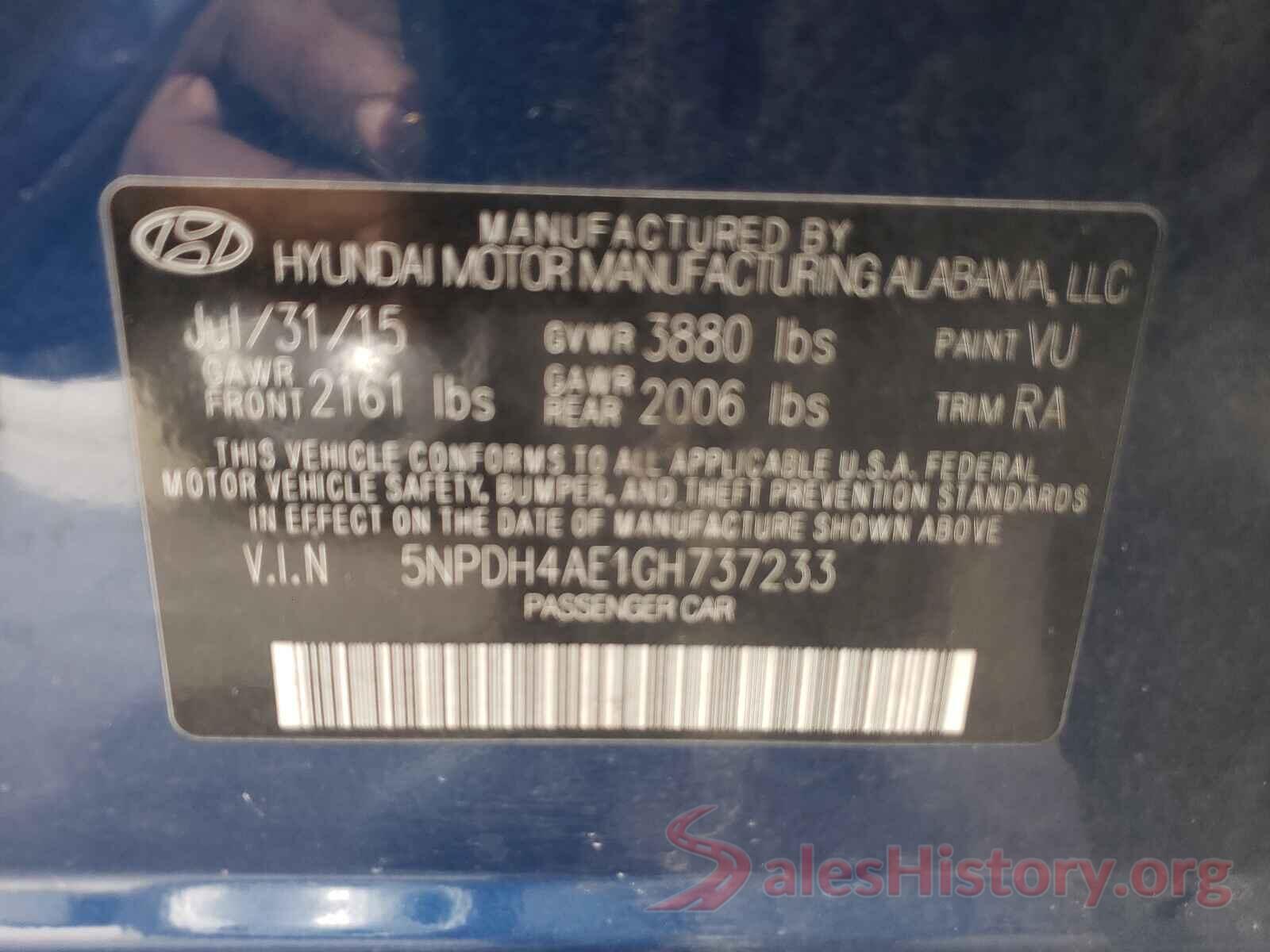 5NPDH4AE1GH737233 2016 HYUNDAI ELANTRA