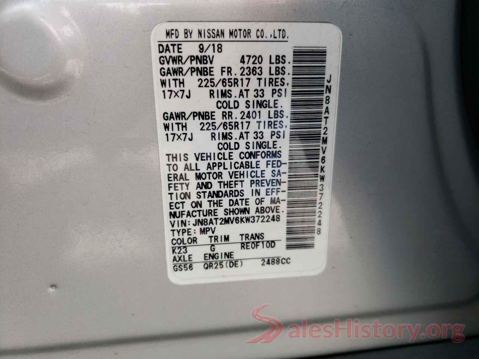 JN8AT2MV6KW372248 2019 NISSAN ROGUE