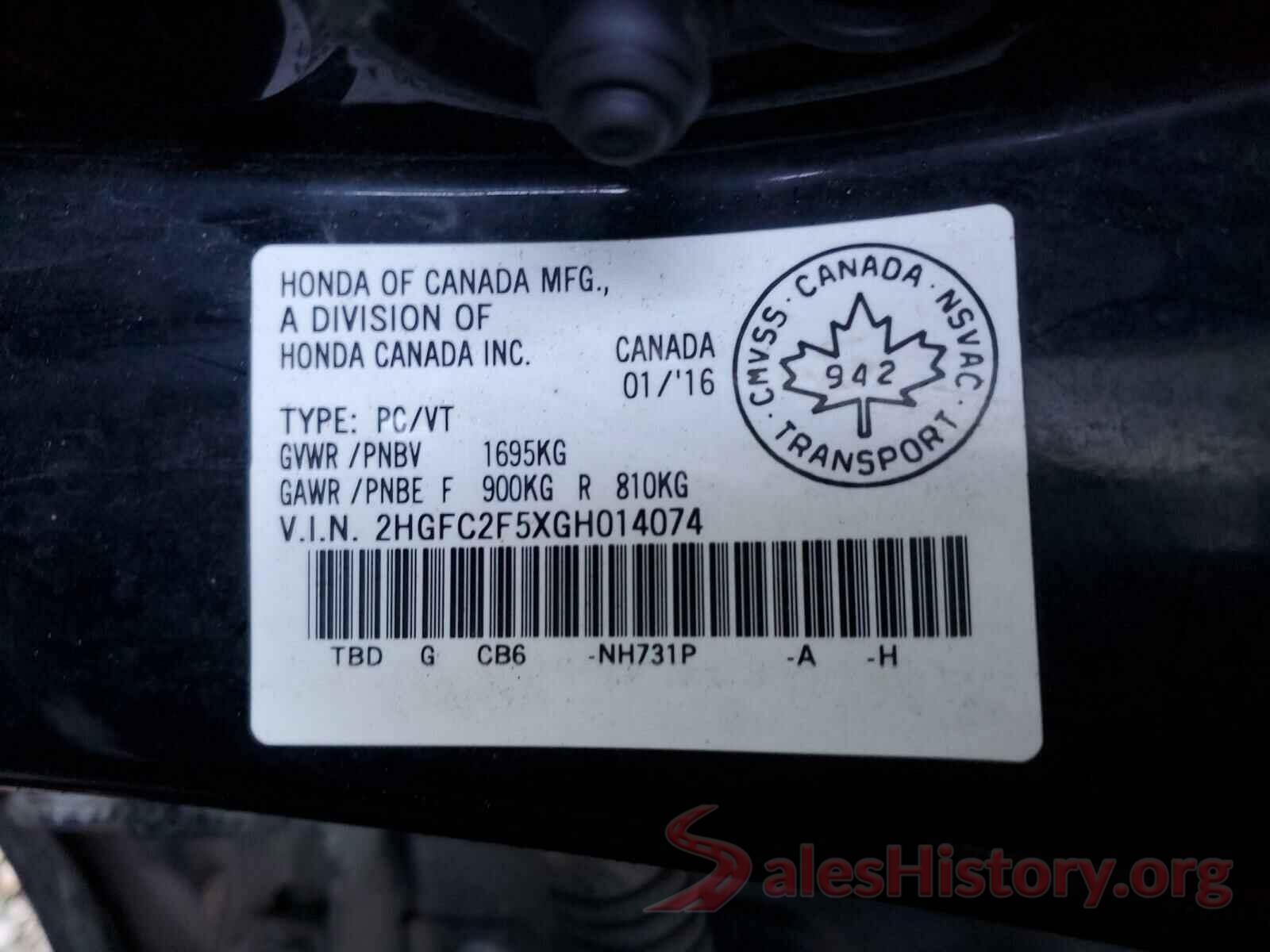 2HGFC2F5XGH014074 2016 HONDA CIVIC