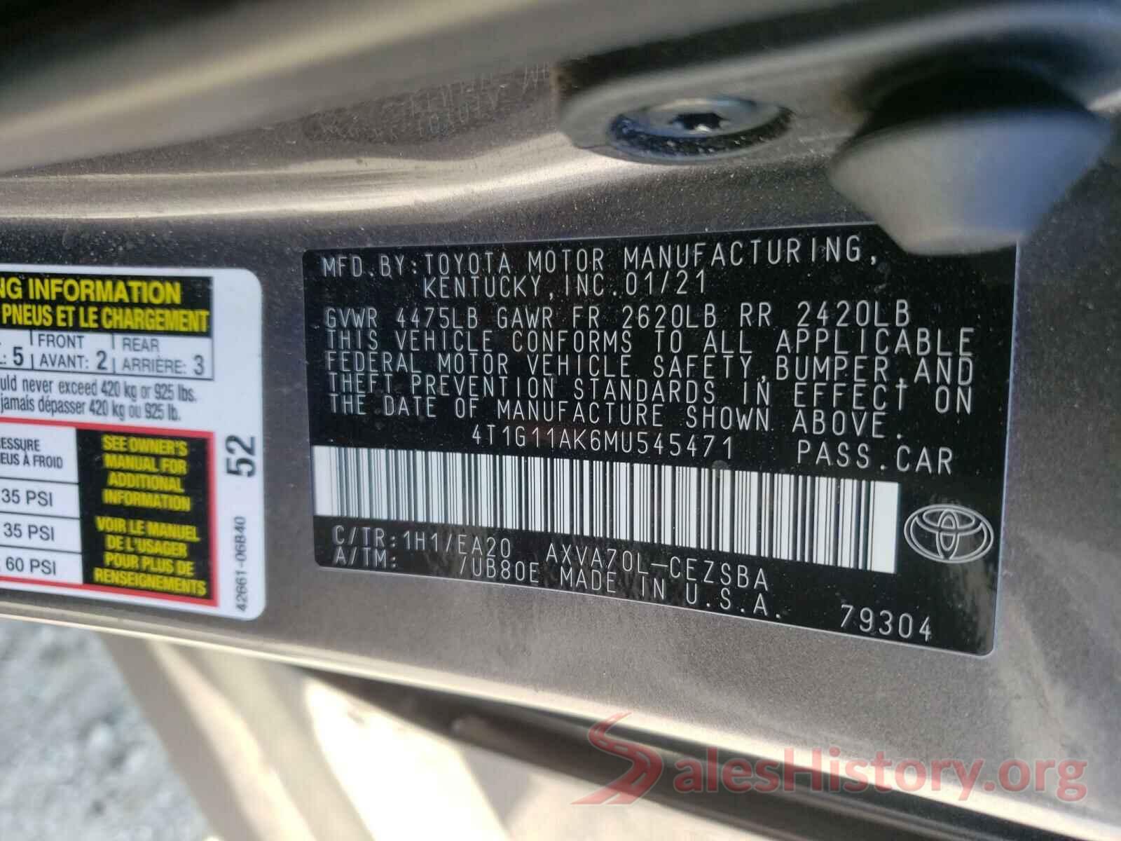 4T1G11AK6MU545471 2021 TOYOTA CAMRY