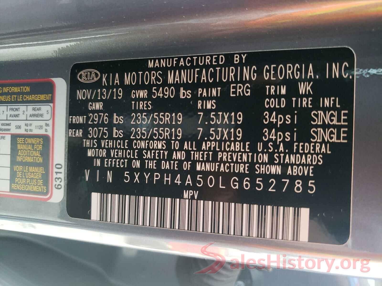 5XYPH4A50LG652785 2020 KIA SORENTO