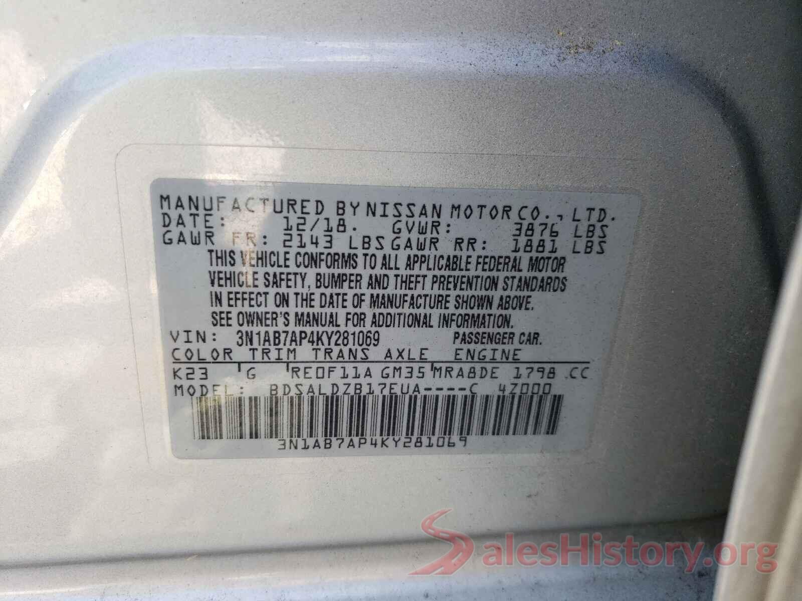 3N1AB7AP4KY281069 2019 NISSAN SENTRA