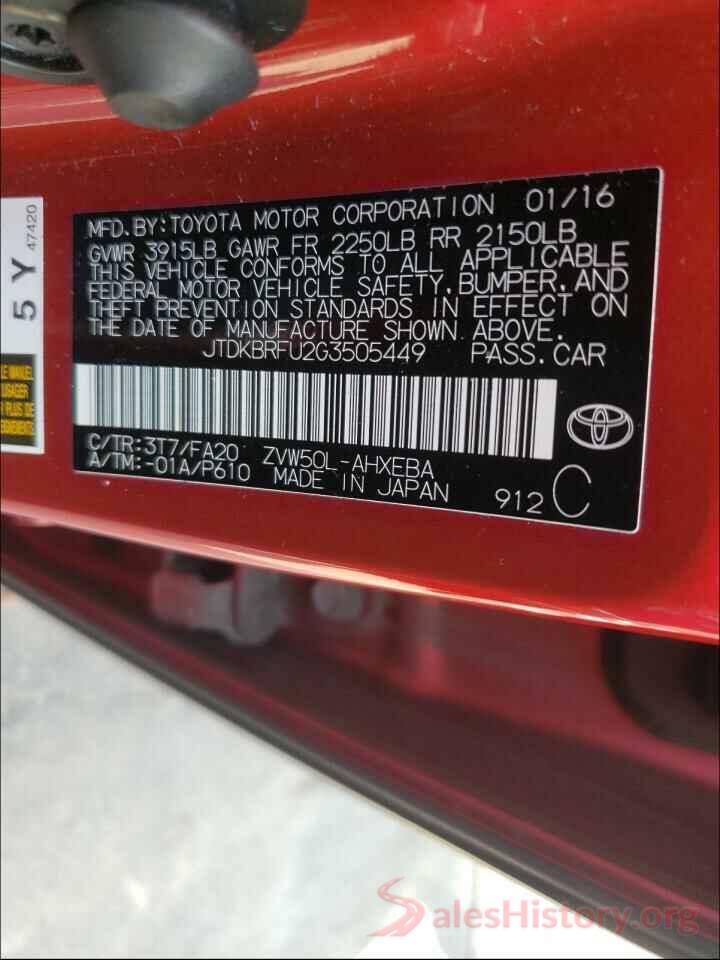 JTDKBRFU2G3505449 2016 TOYOTA PRIUS