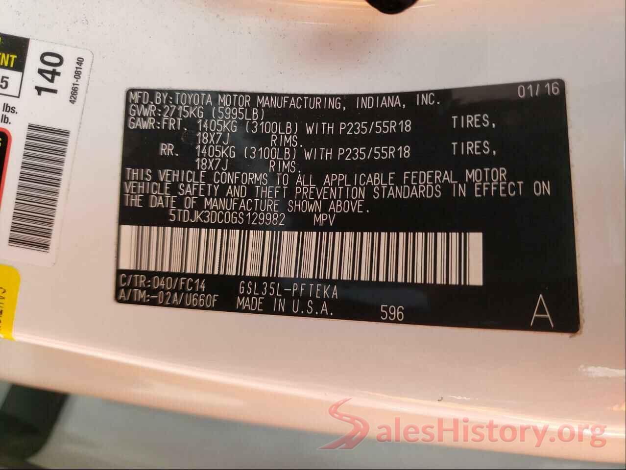 5TDJK3DC0GS129982 2016 TOYOTA SIENNA