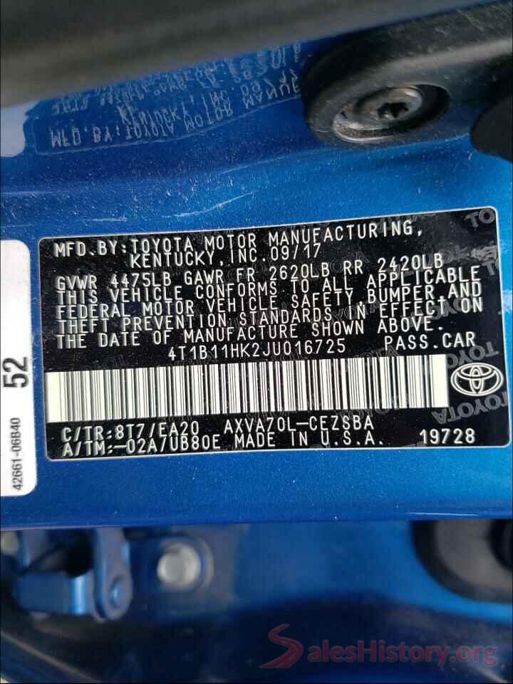 4T1B11HK2JU016725 2018 TOYOTA CAMRY