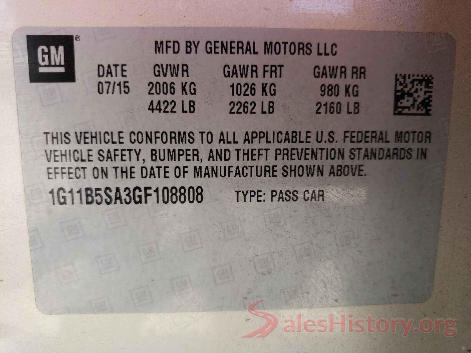 1G11B5SA3GF108808 2016 CHEVROLET MALIBU