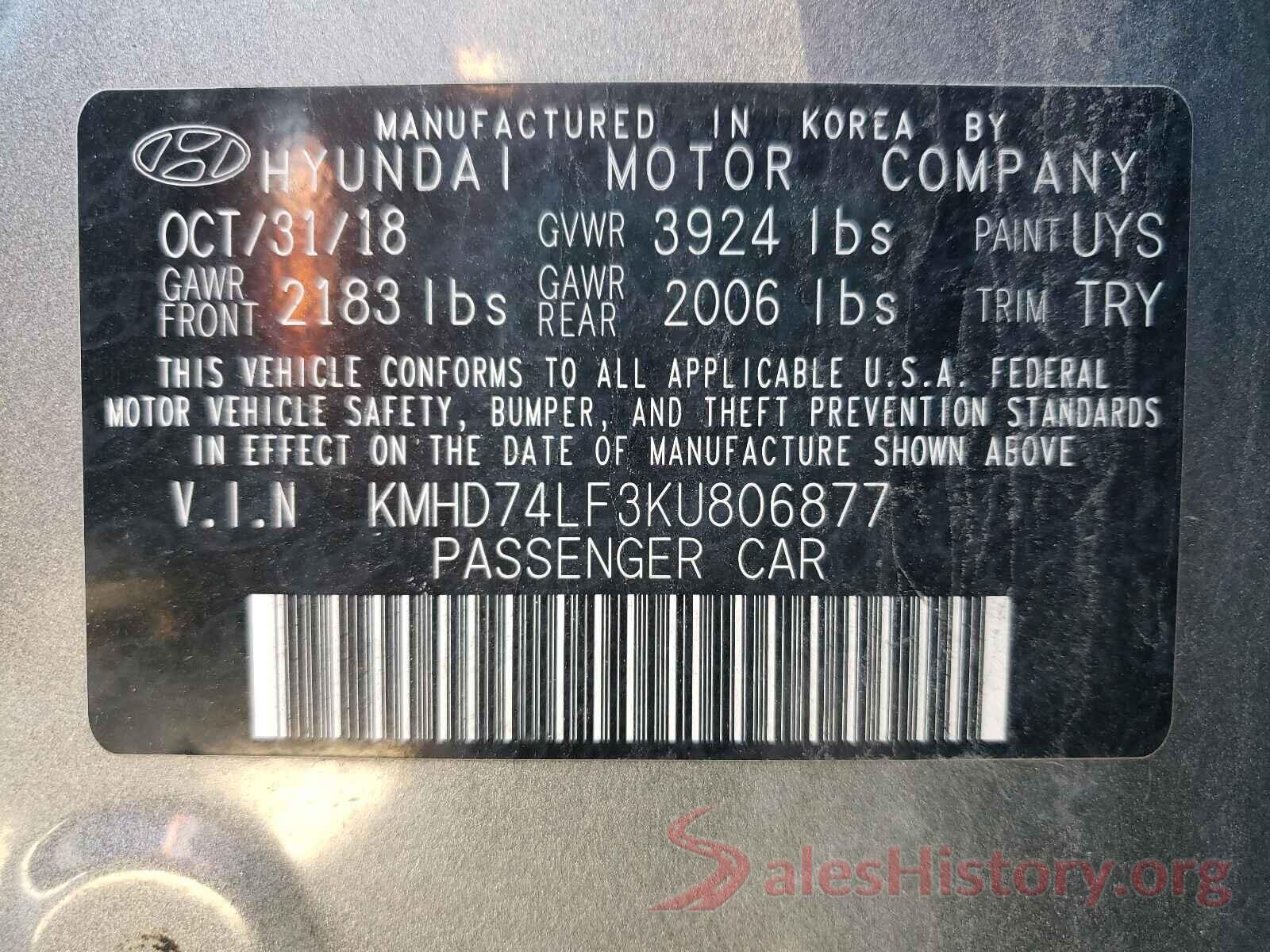 KMHD74LF3KU806877 2019 HYUNDAI ELANTRA