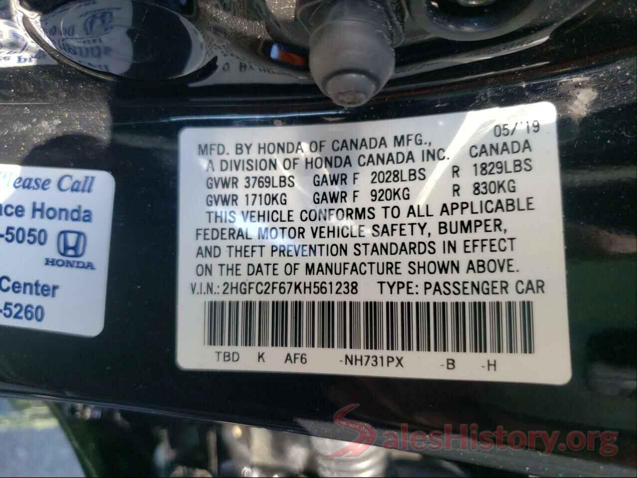 2HGFC2F67KH561238 2019 HONDA CIVIC