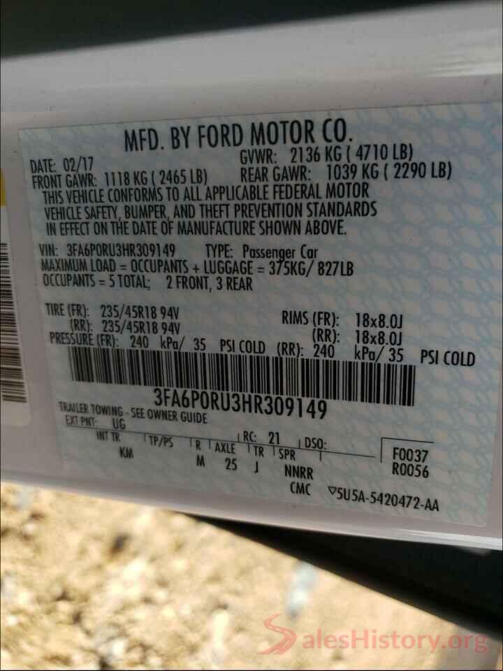 3FA6P0RU3HR309149 2017 FORD FUSION