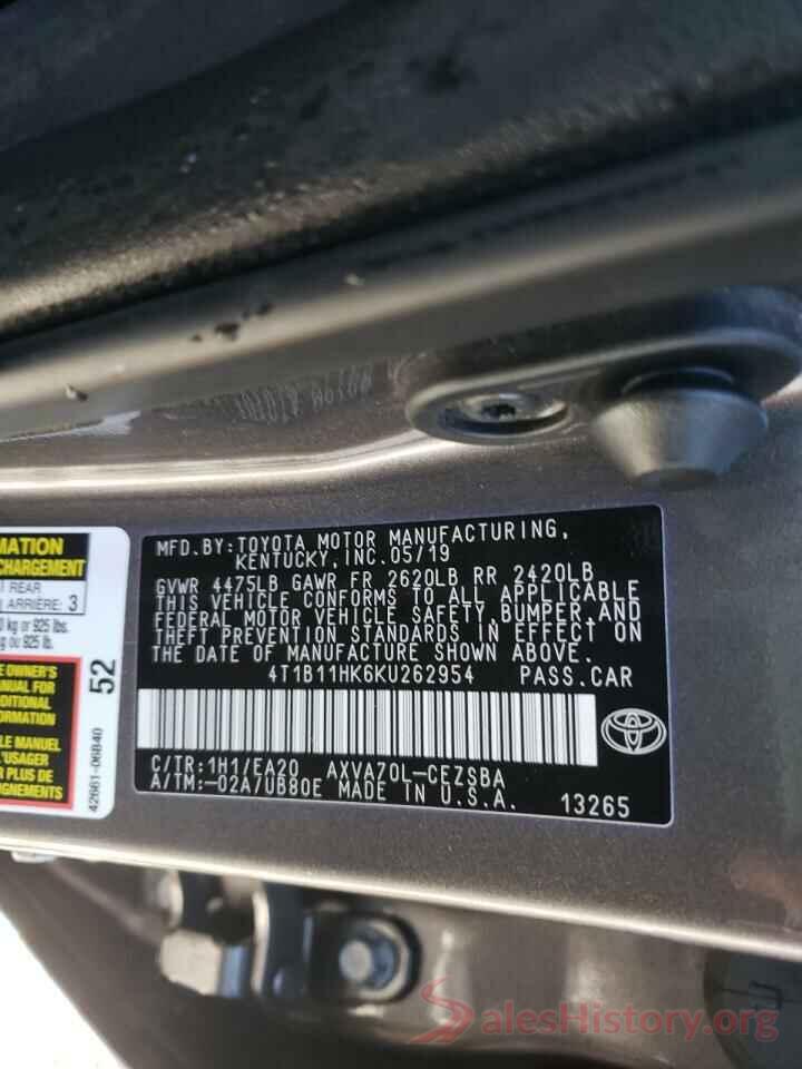 4T1B11HK6KU262954 2019 TOYOTA CAMRY