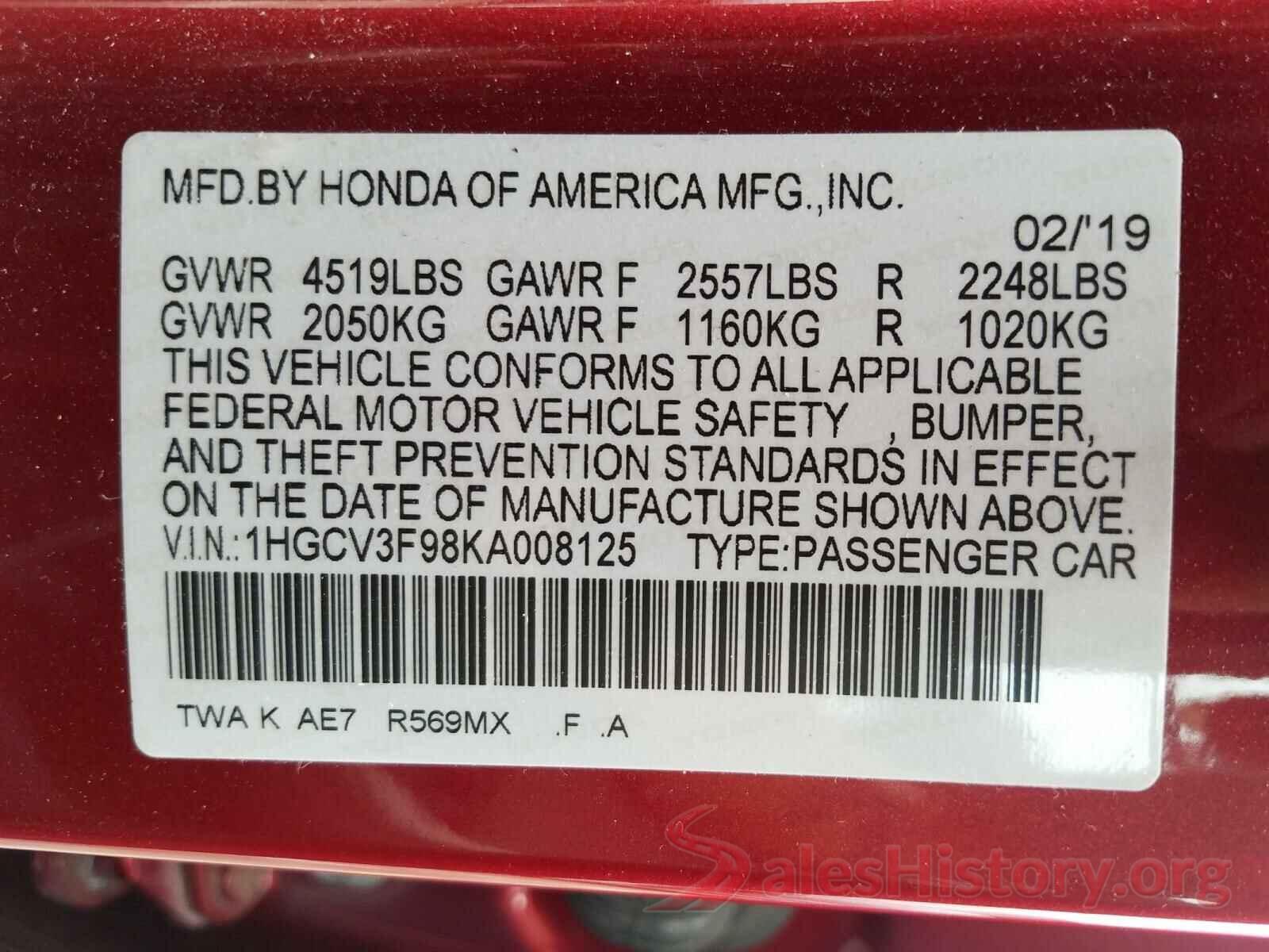 1HGCV3F98KA008125 2019 HONDA ACCORD