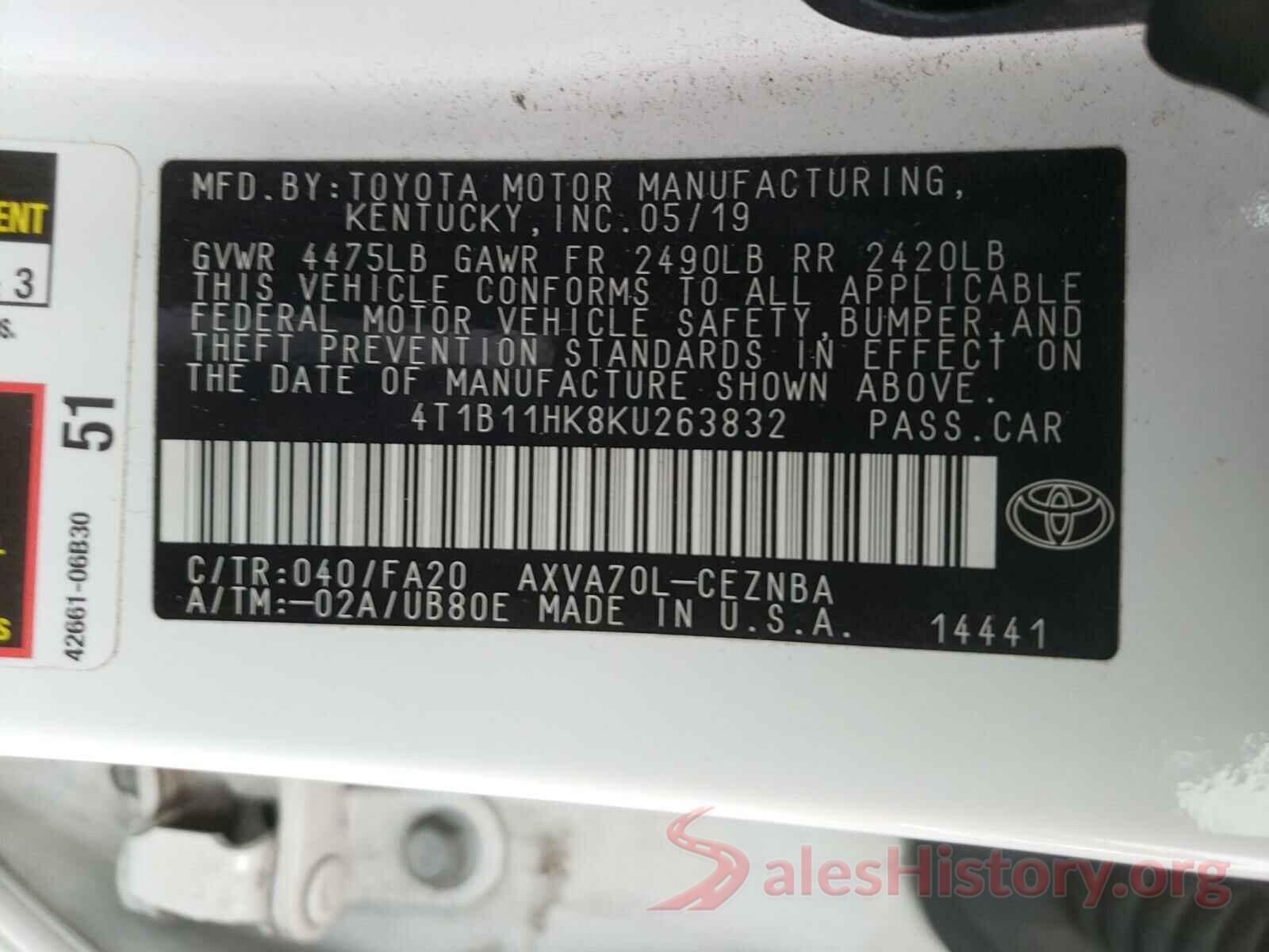 4T1B11HK8KU263832 2019 TOYOTA CAMRY