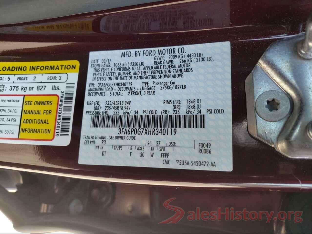 3FA6P0G7XHR340119 2017 FORD FUSION