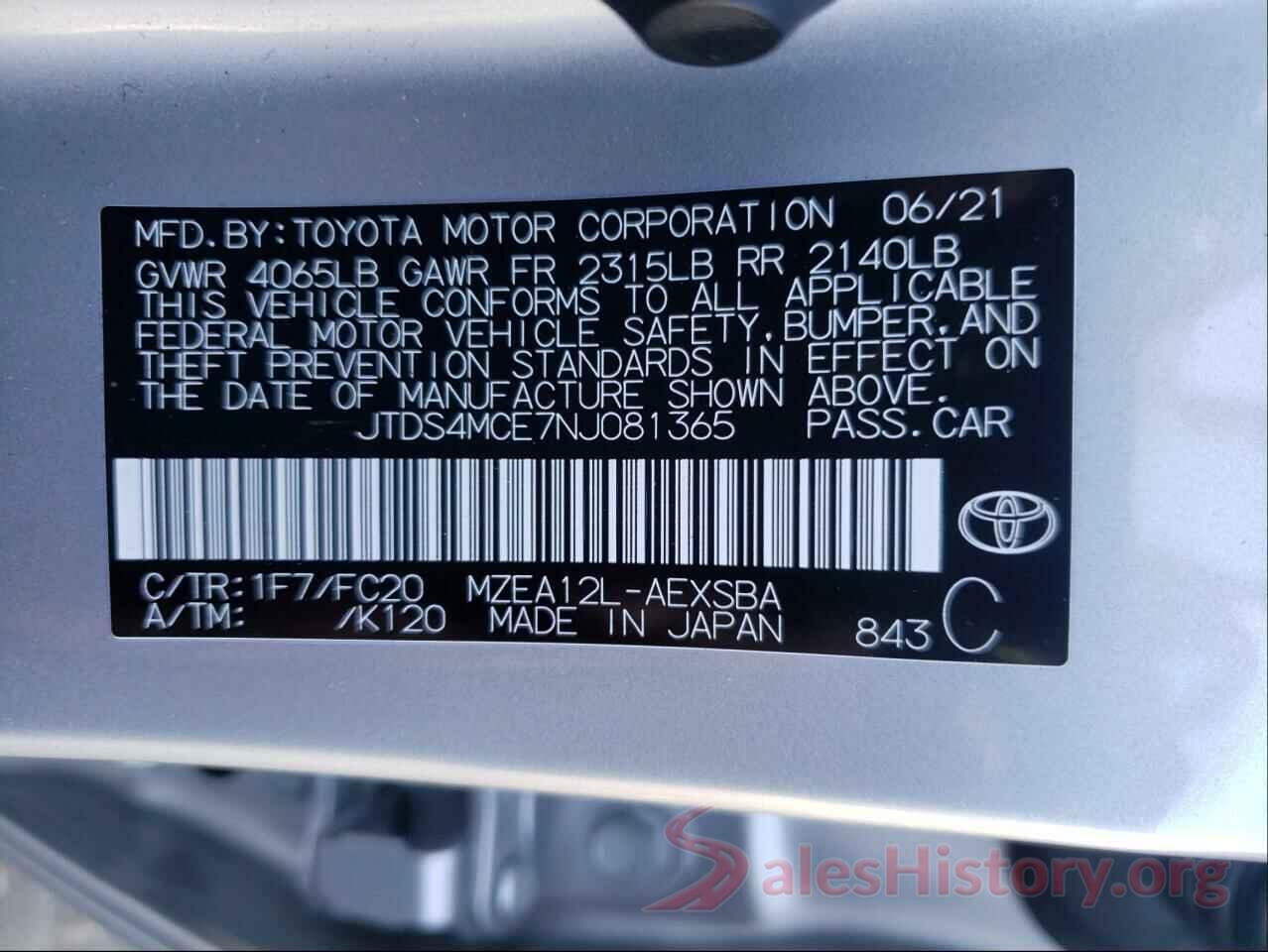 JTDS4MCE7NJ081365 2022 TOYOTA COROLLA