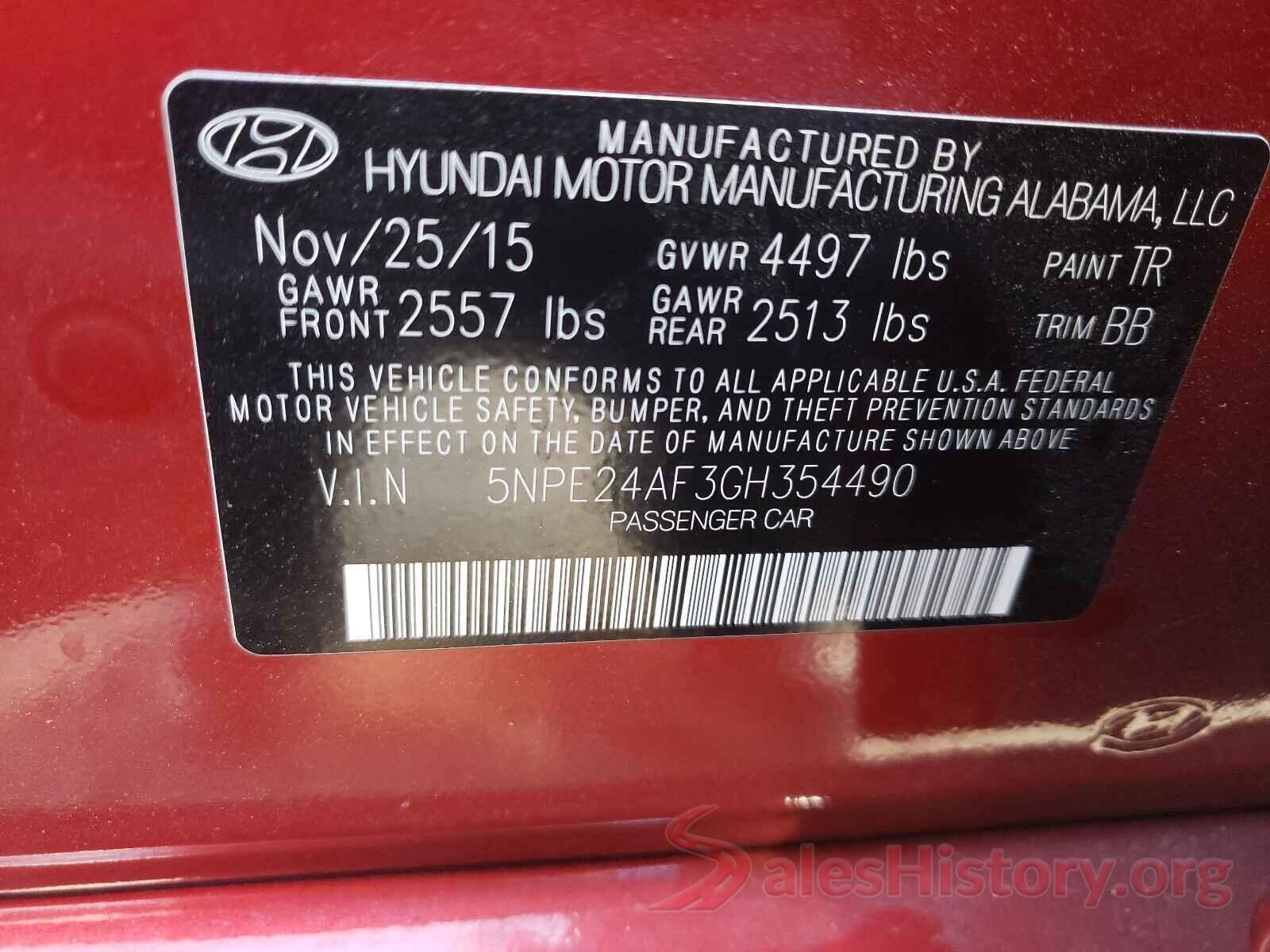 5NPE24AF3GH354490 2016 HYUNDAI SONATA