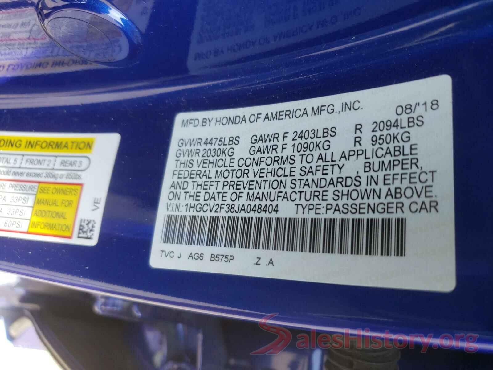 1HGCV2F38JA048404 2018 HONDA ACCORD