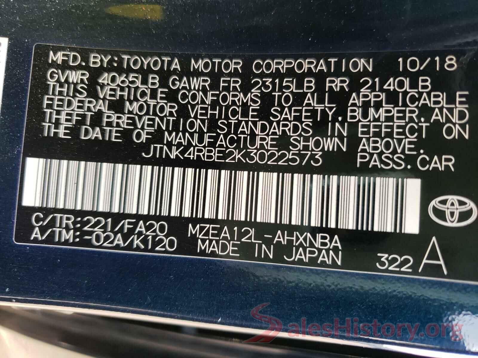 JTNK4RBE2K3022573 2019 TOYOTA COROLLA