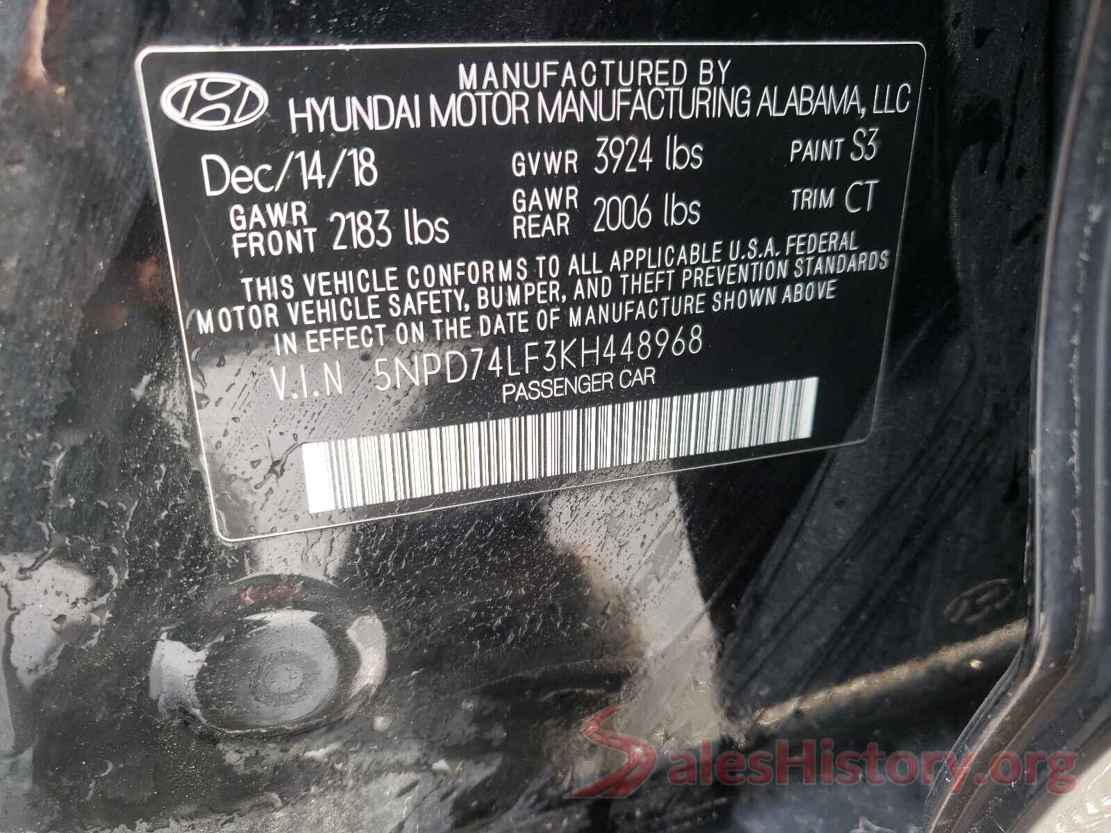 5NPD74LF3KH448968 2019 HYUNDAI ELANTRA