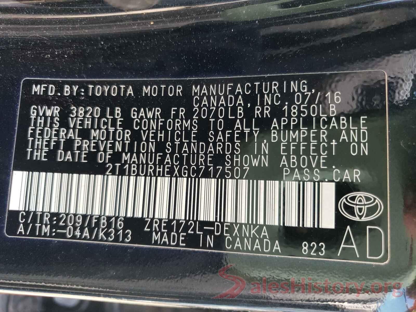 2T1BURHEXGC717507 2016 TOYOTA COROLLA