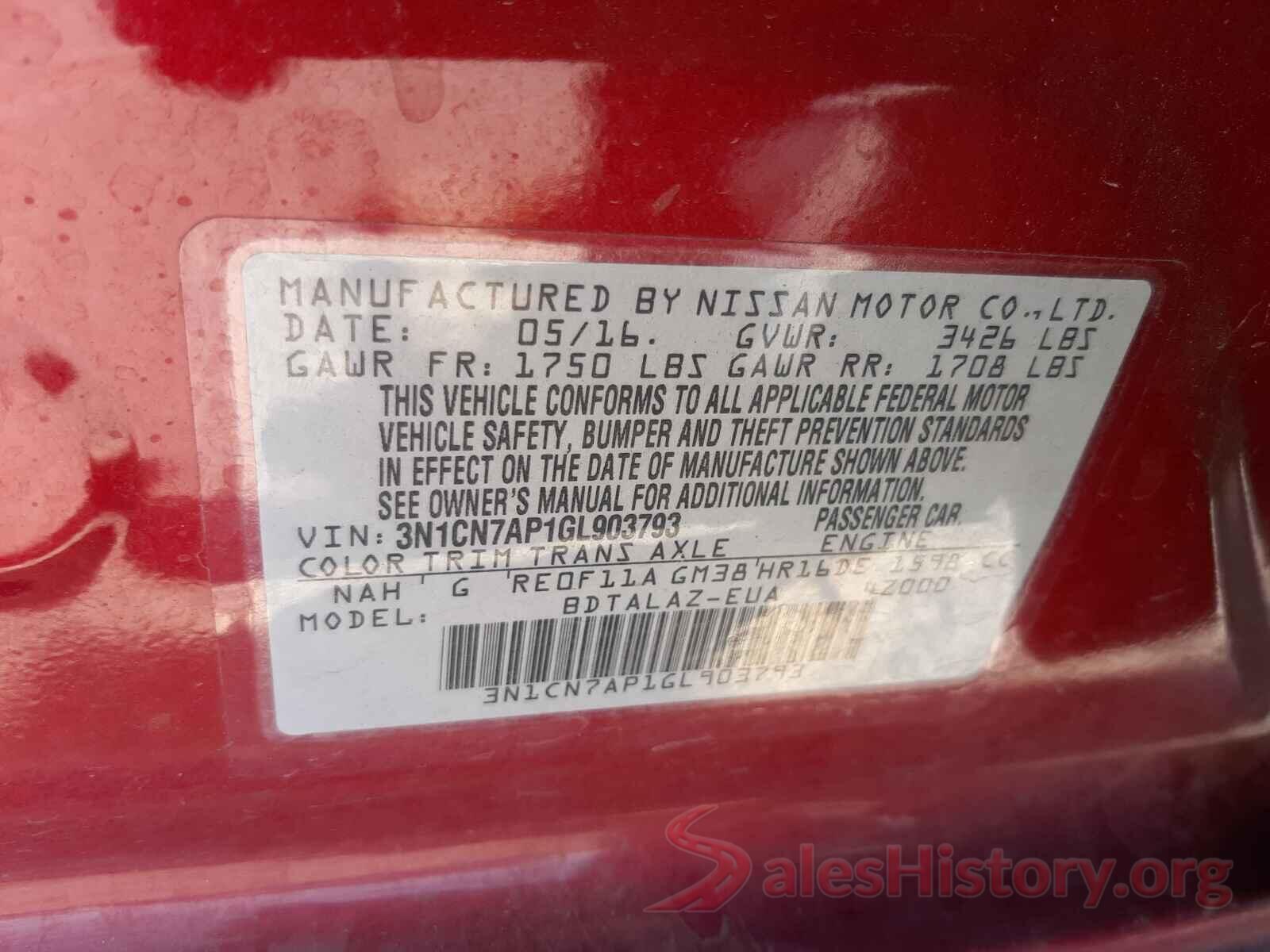 3N1CN7AP1GL903793 2016 NISSAN VERSA